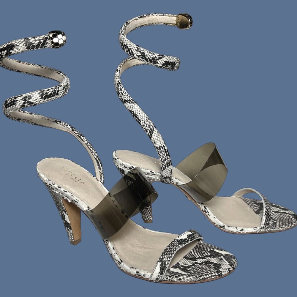 Vintage Cecelia New York Sabrina Ankle Wrap Sandal Black White Snake Embossed 10 Women Heel Strappy Leather Synthetic Snake 90s? Size US 10 / IT 40 - 1 Thumbnail