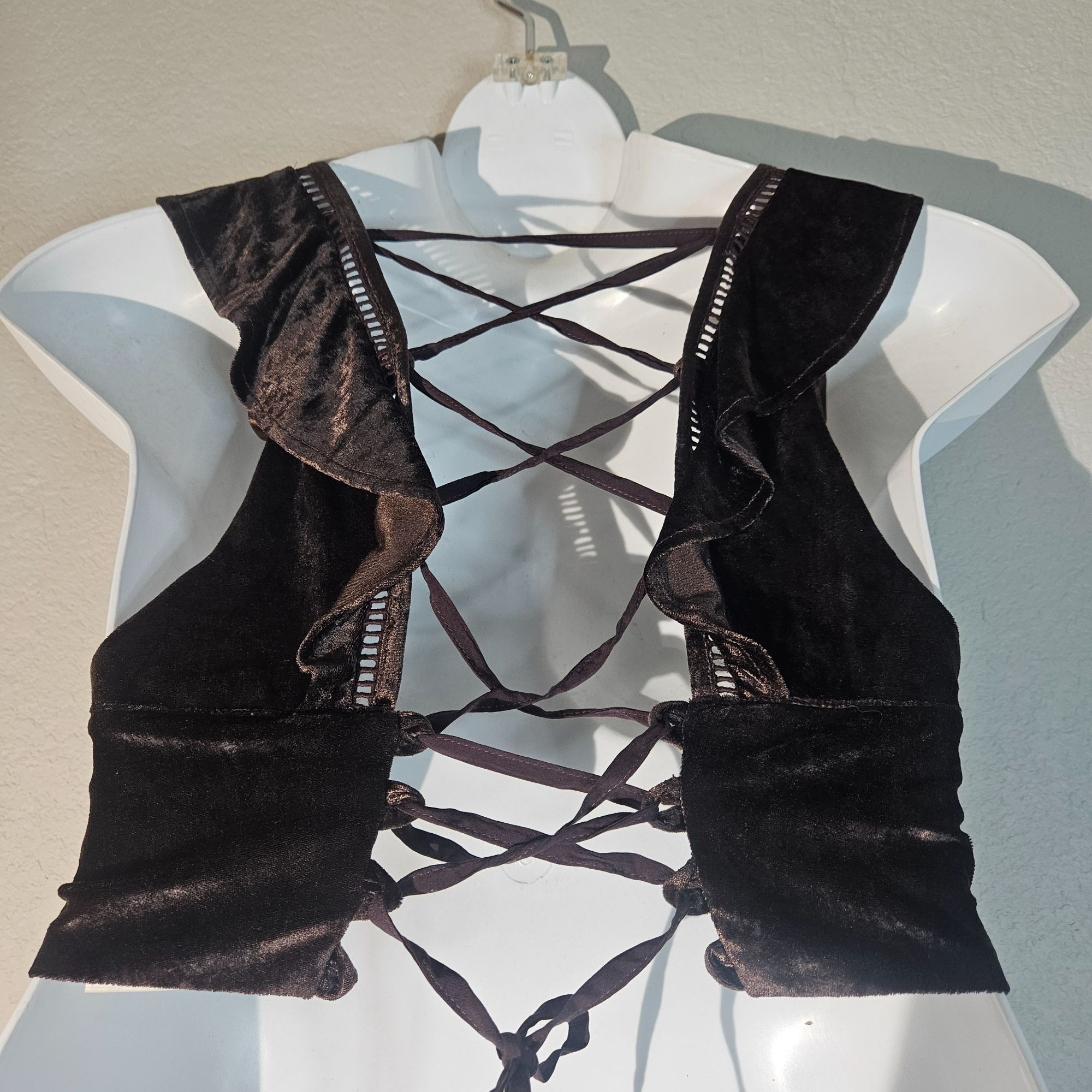 Free People Free People Velvet Lace-Up Crop Top Brown Plunge V-Neck Fest Size S / US 4 / IT 40 - 3 Thumbnail