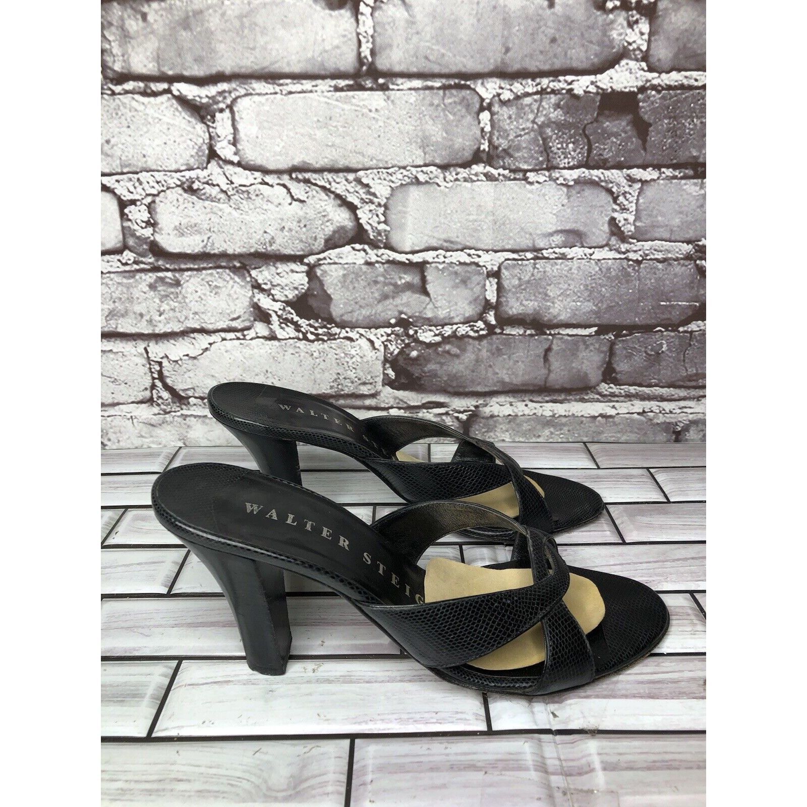 Walter Steiger Walter Steiger Black Leather Python Print Heel Sandals Women Size US 8.5 / IT 38.5 - 16 Thumbnail