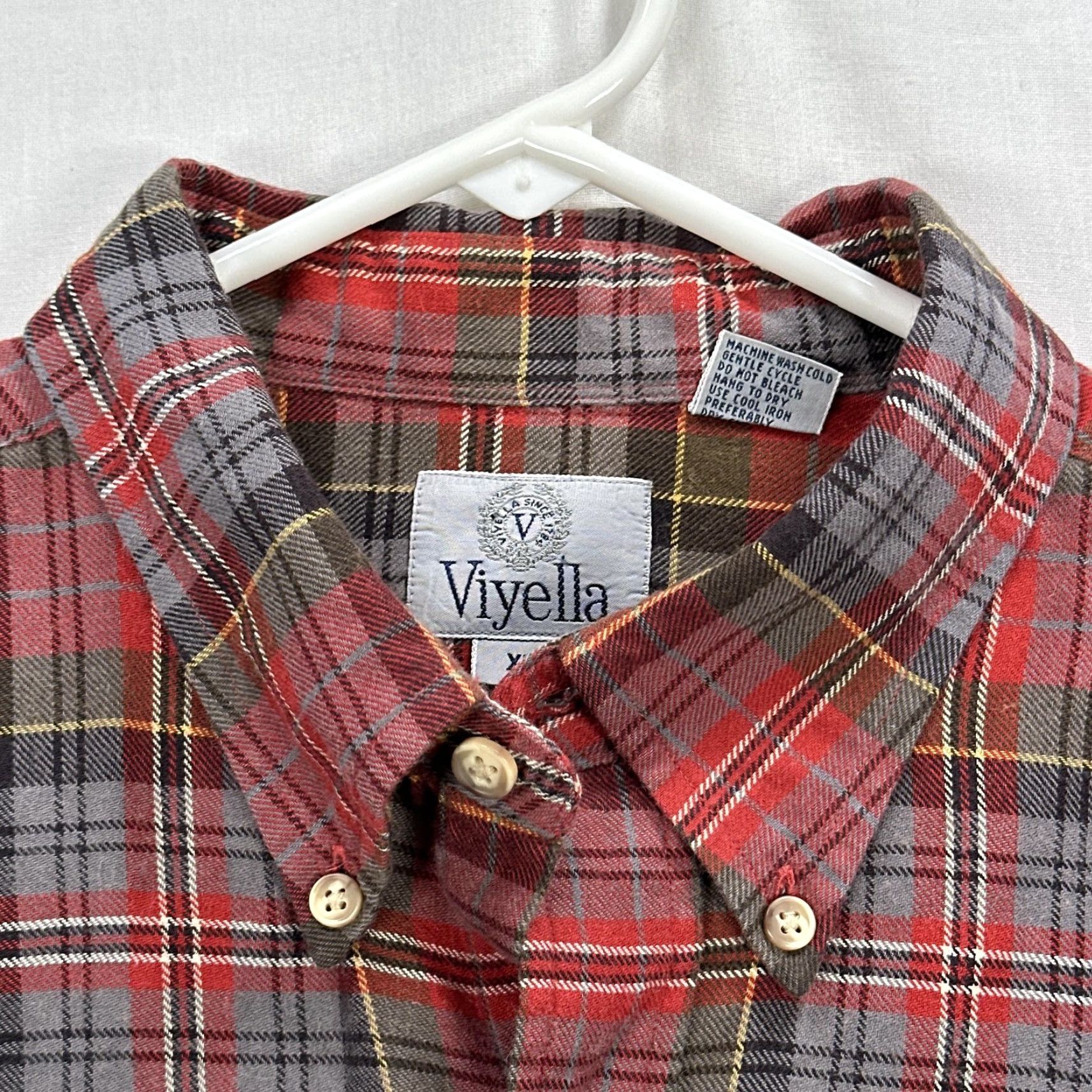 VINTAGE Viyella Flannel Shirt Mens XL Red Plaid Button-Down Wool Blend 90s