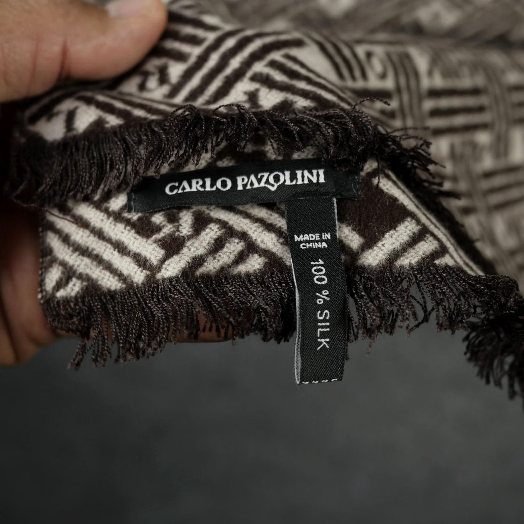 Vintage Carlo Pazolini Scarf Womens One Size Brown Silk Geometric Fringe Neck Warmer Size ONE SIZE - 4 Thumbnail