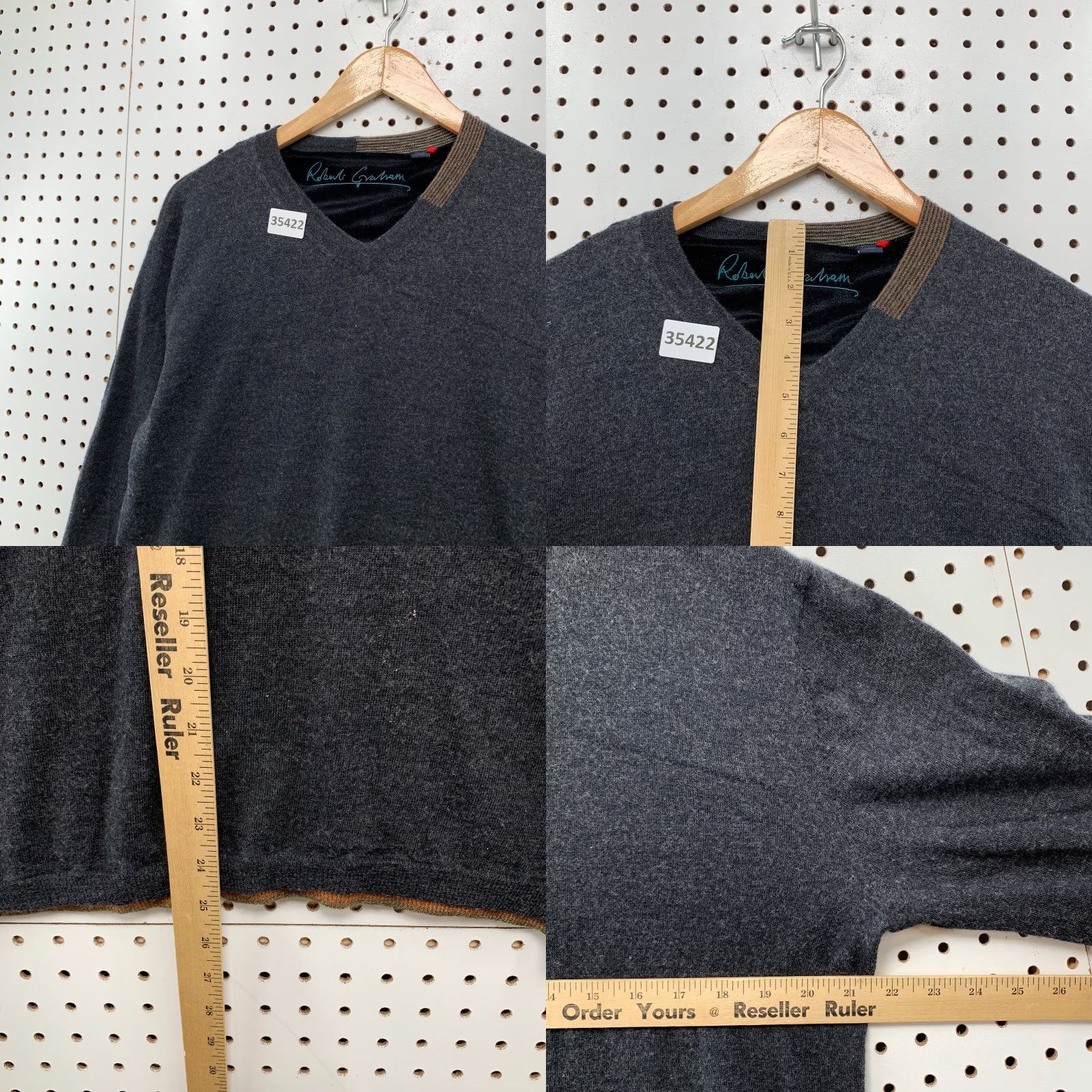 Robert Graham Robert Graham Merino Wool Sweater Mens Medium Gray Long Sleeve V-Neck Pullover M Knit 21.5x25 Size M / US 6-8 / IT 42-44 - 8 Thumbnail