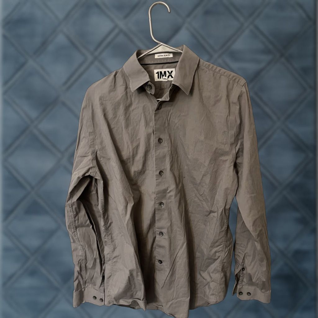 Express Express Dress Shirt Mens Medium Gray 100% Cotton Extra-Slim Solid Long Sleeve Button Collar Shirt 1MX Size 40R - 1 Thumbnail