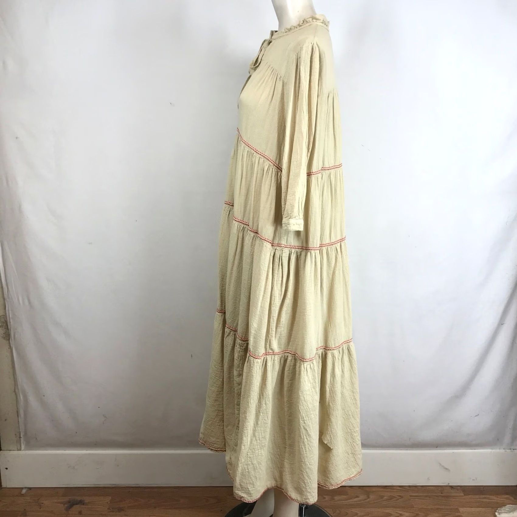 Vintage HONORINE Beige Tiered Maxi Dress Red Stitching Tie Neck Ruffle Collar XS Dress Size XS / US 0-2 / IT 36-38 - 6 Thumbnail