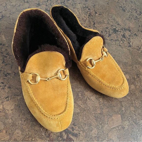 Gucci Gucci Mustard Suede Sheepskin Lined Slippers - 5, fits SMALL Size US 5 / IT 35 - 8 Thumbnail