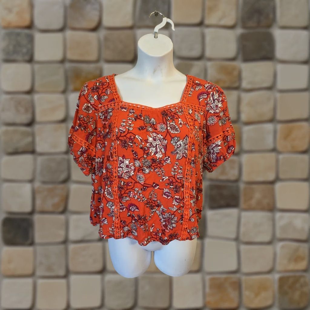 Vintage Adrienne Vittadini Orange Floral Crinkle Lace Trim Top Hippie Boho XL Womens Size XL / US 12-14 / IT 48-50 - 1 Thumbnail