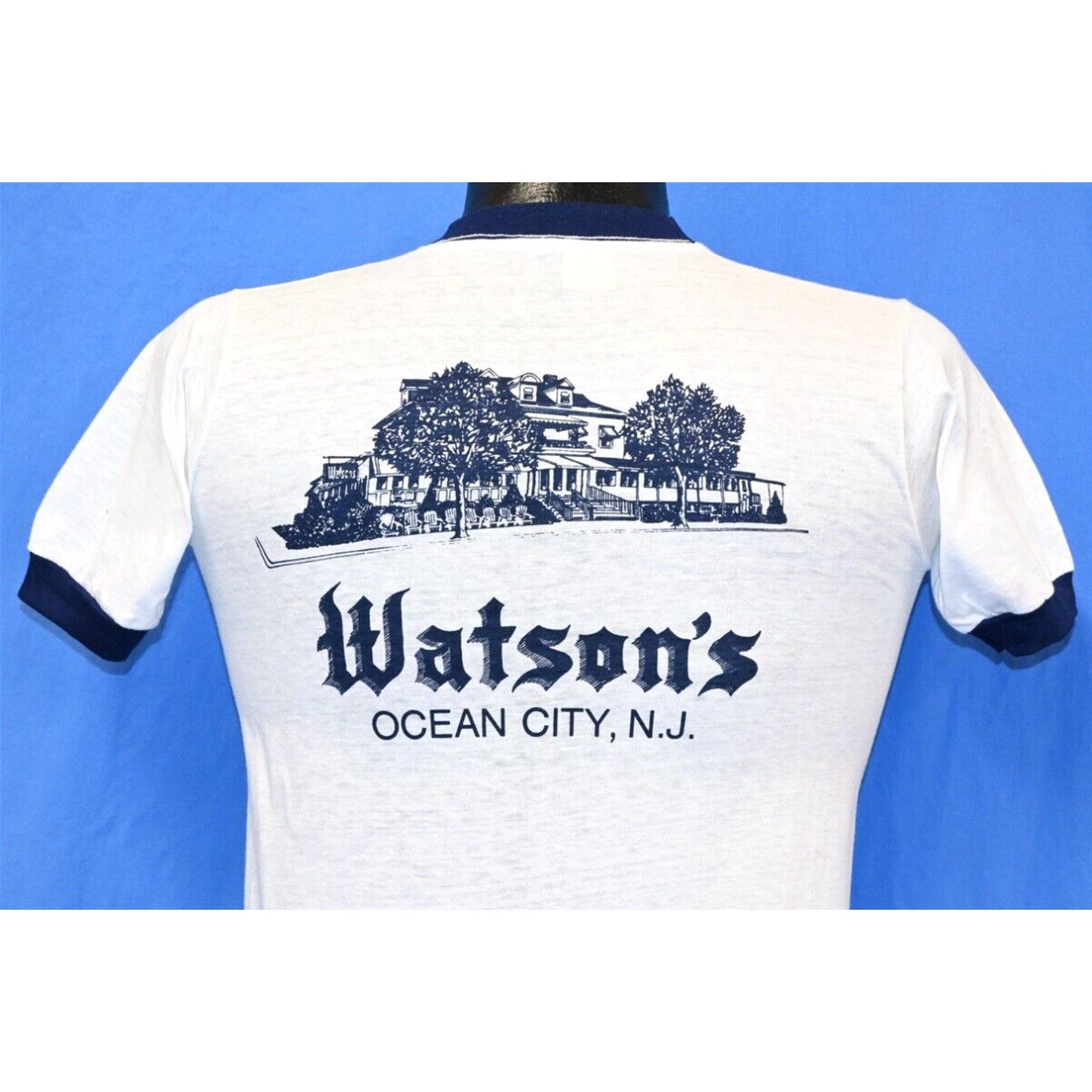 Image of Vintage 70's Watson's Ocean City New Jersey Tourist Beach Ringer T-Shirt Youth XL in White, Men's