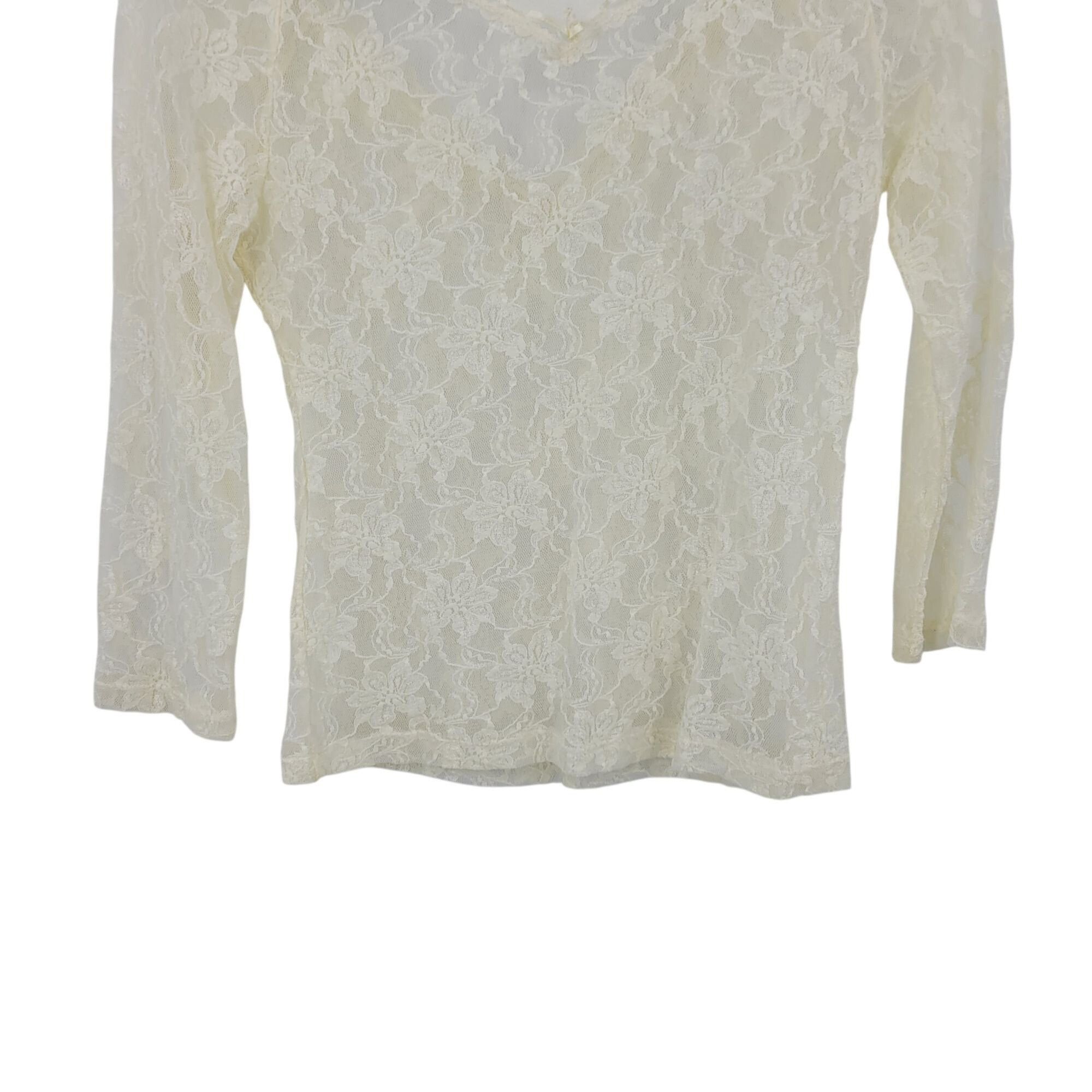 Vintage Vtg 80s Vanilla Floral Lace V-Neck Top Ribbon Trim Sheer Str Size S / US 4 / IT 40 - 8 Thumbnail