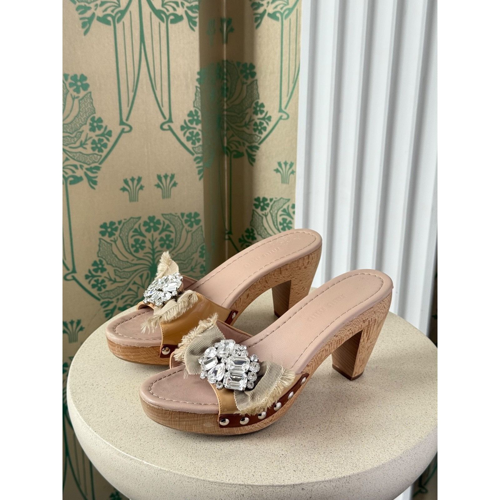 Miu Miu Miu Miu Beige Patent Leather Crystal Embellished Clogs Size US 6 / IT 36 - 1 Thumbnail