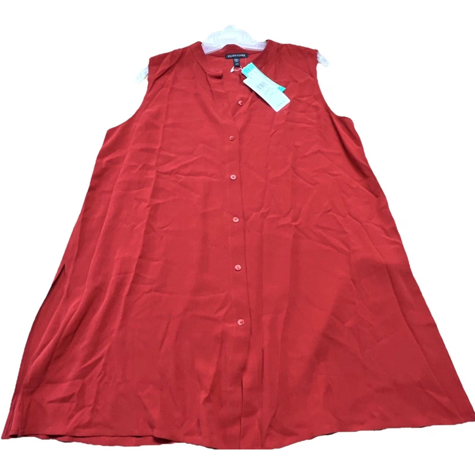 Eileen Fisher VINTAGE? No. Eileen Fisher Silk Blouse Tunic Red Sleeveless Button Front NWT Medium Longline Size L / US 10 / IT 46 - 2 Thumbnail