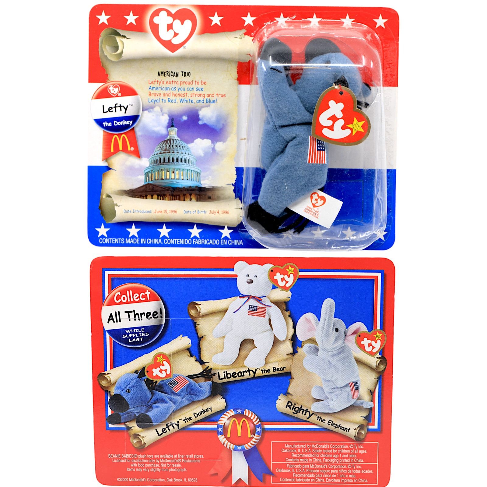 Vintage Teenie Beanie Babies 2000 American Trio Righty & Lefty Size ONE SIZE - 3 Thumbnail