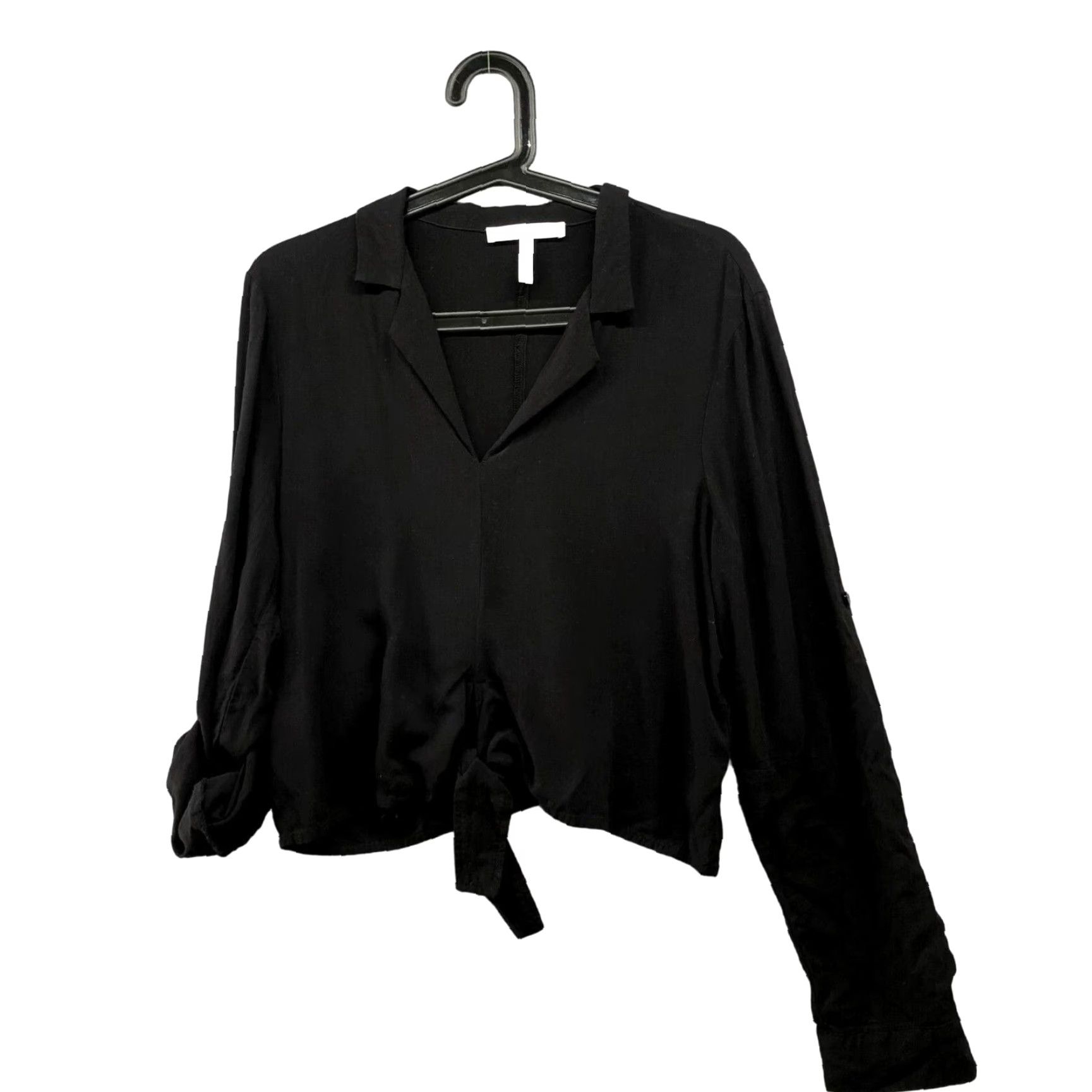 BCBGeneration BCBGeneration Tie Front Top Womens M Black Roll Tab Sleeve Collared Split Neck Blouse Size M / US 6-8 / IT 42-44 - 2 Thumbnail