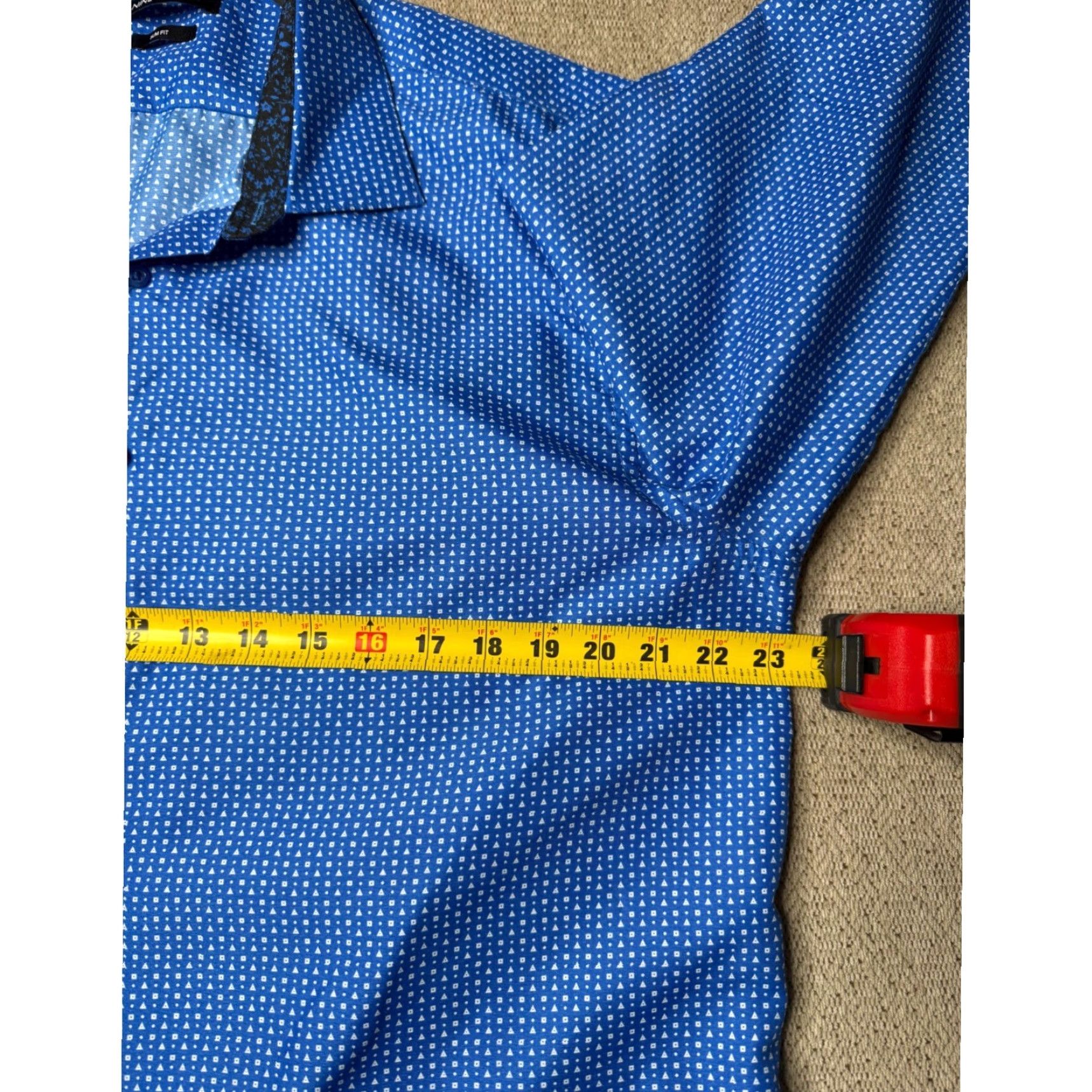 Nine West Nine West Dress Shirt Geometric Pattern Slim Fit Long Sleeve Blue XL 17-17.5 Neck 17-17.5 in Barrel Cuff Wrinkle Resistant Mens Shirt Size 46R - 6 Thumbnail