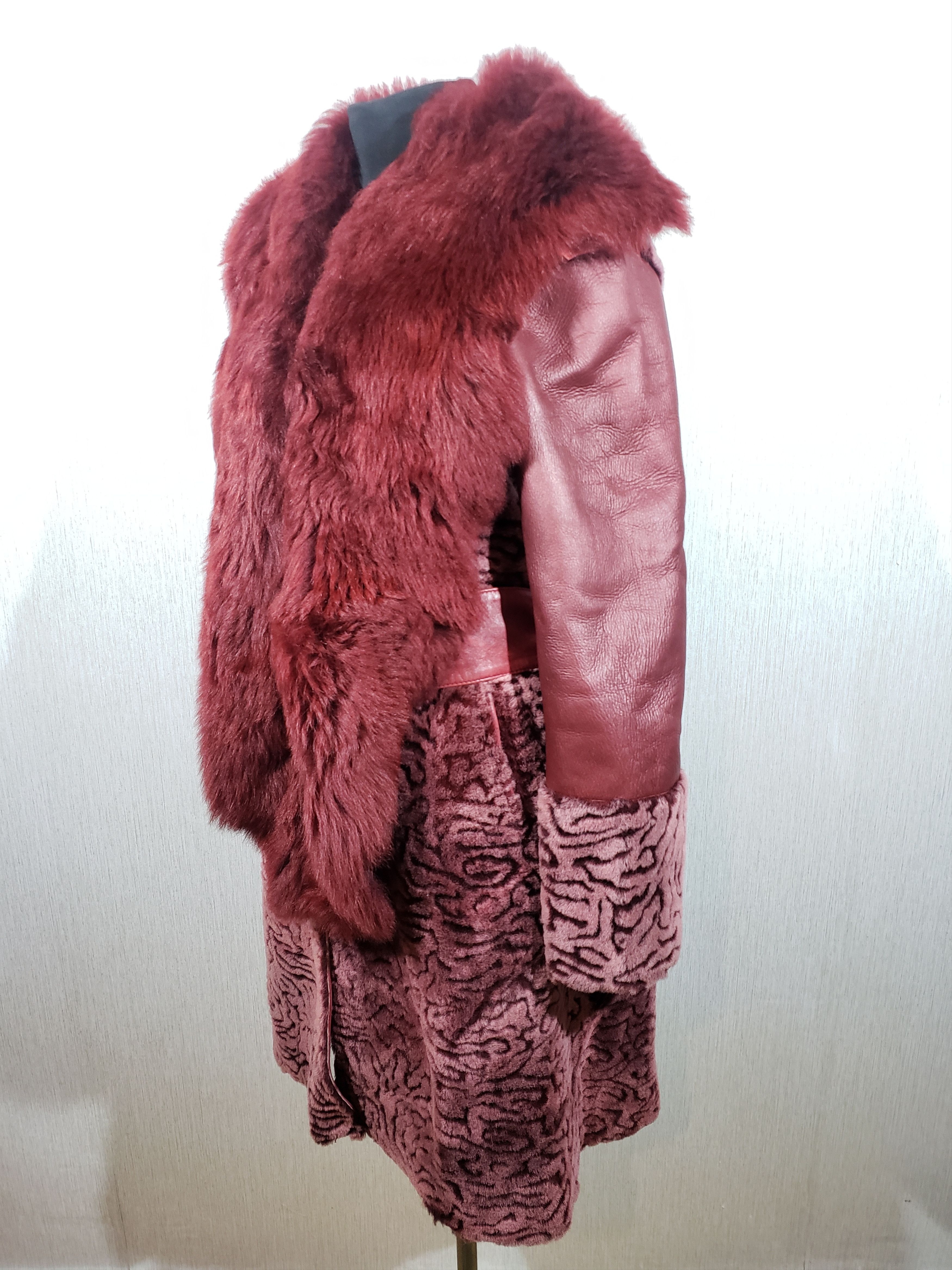 image of Art Wonderful Women's Warm Sheepskin Coat With Genuine Fur in Burgundy (Size Medium)