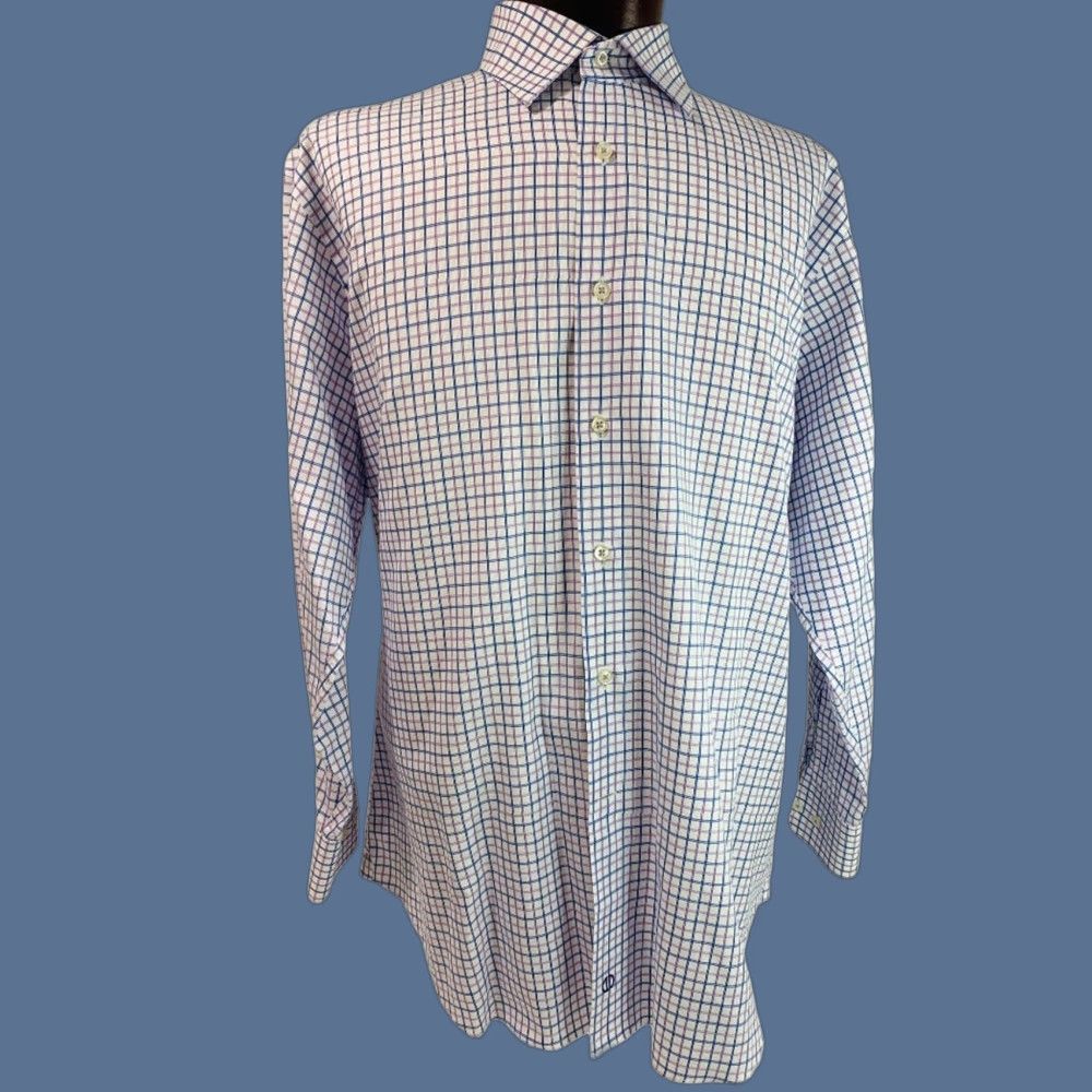 David Donahue Shirt Windowpane Blue Purple Mens Button Up Dress Shirt 17.5 32/33 Regular Cotton