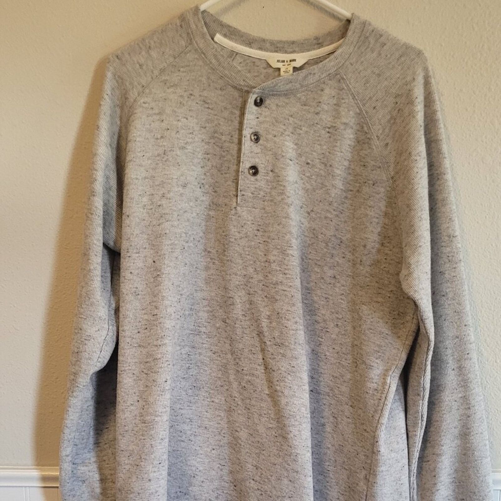 Julian Zigerli Julian & Mark Men's Grey Speckled Waffle Knit Henley - Large Size US L / EU 52-54 / 3 - 1 Thumbnail