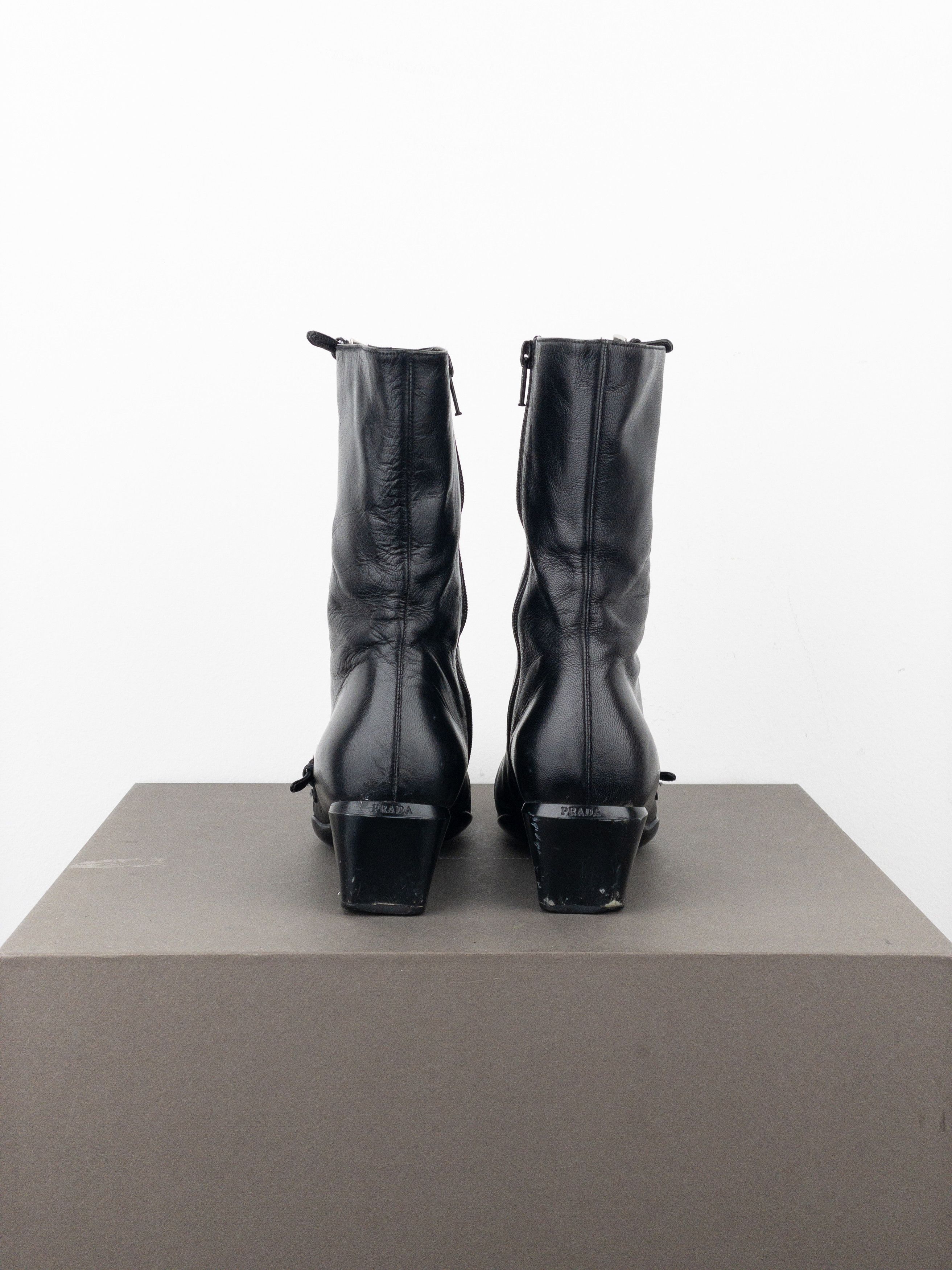 Prada 2000s Square Toe Sports Buckle Kitten Heel Ankle Boots