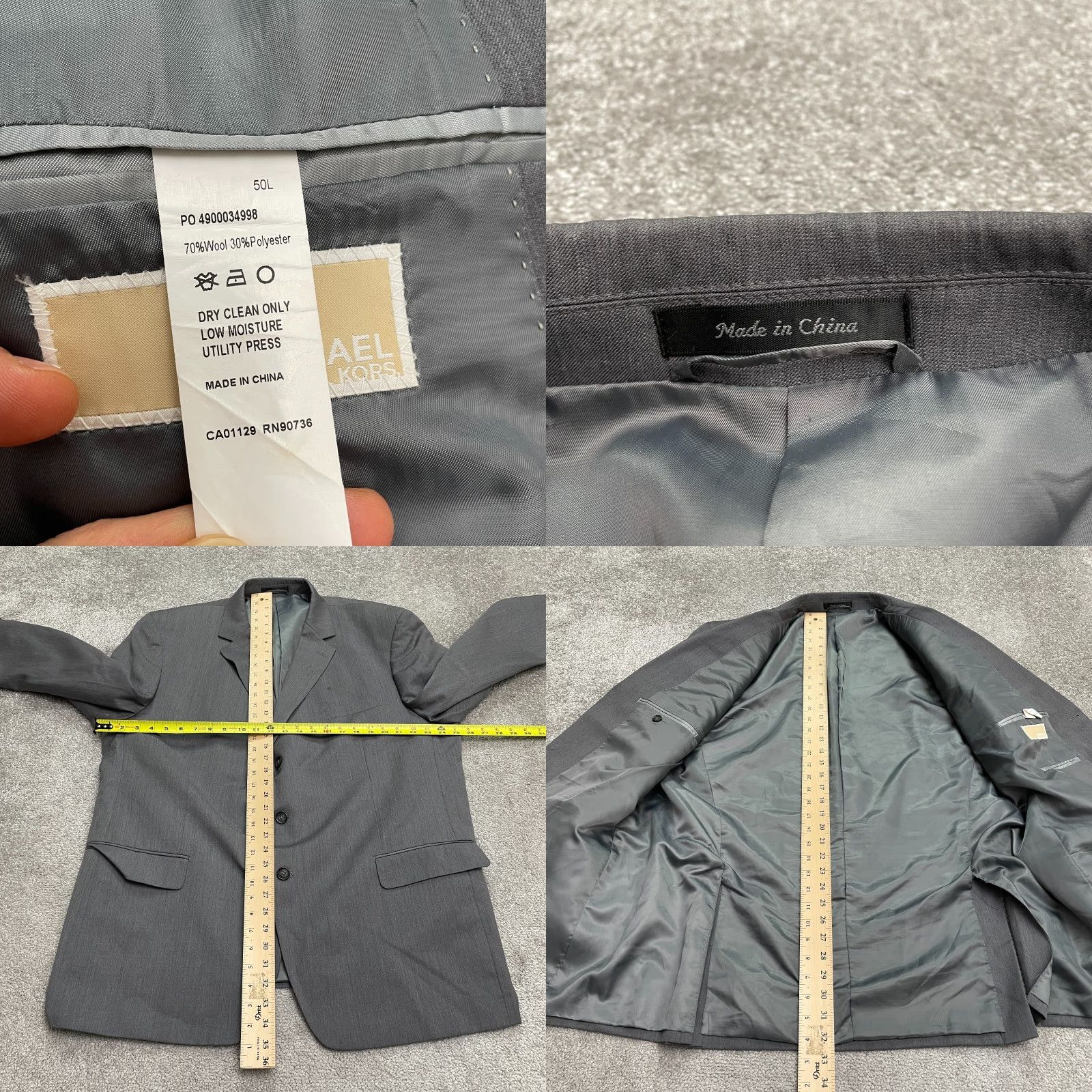 Michael Kors Michael Kors Blazer Jacket Mens Wool Blend Gray 50L Double-Vented Notch Lapel Three-Button Single-Breasted Padded Shoulders Size 50L - 8 Thumbnail