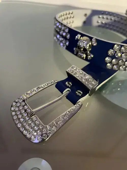 Briselblack Y2K Rhinestone Skull Belt (blue) Size 32 - 3 Thumbnail