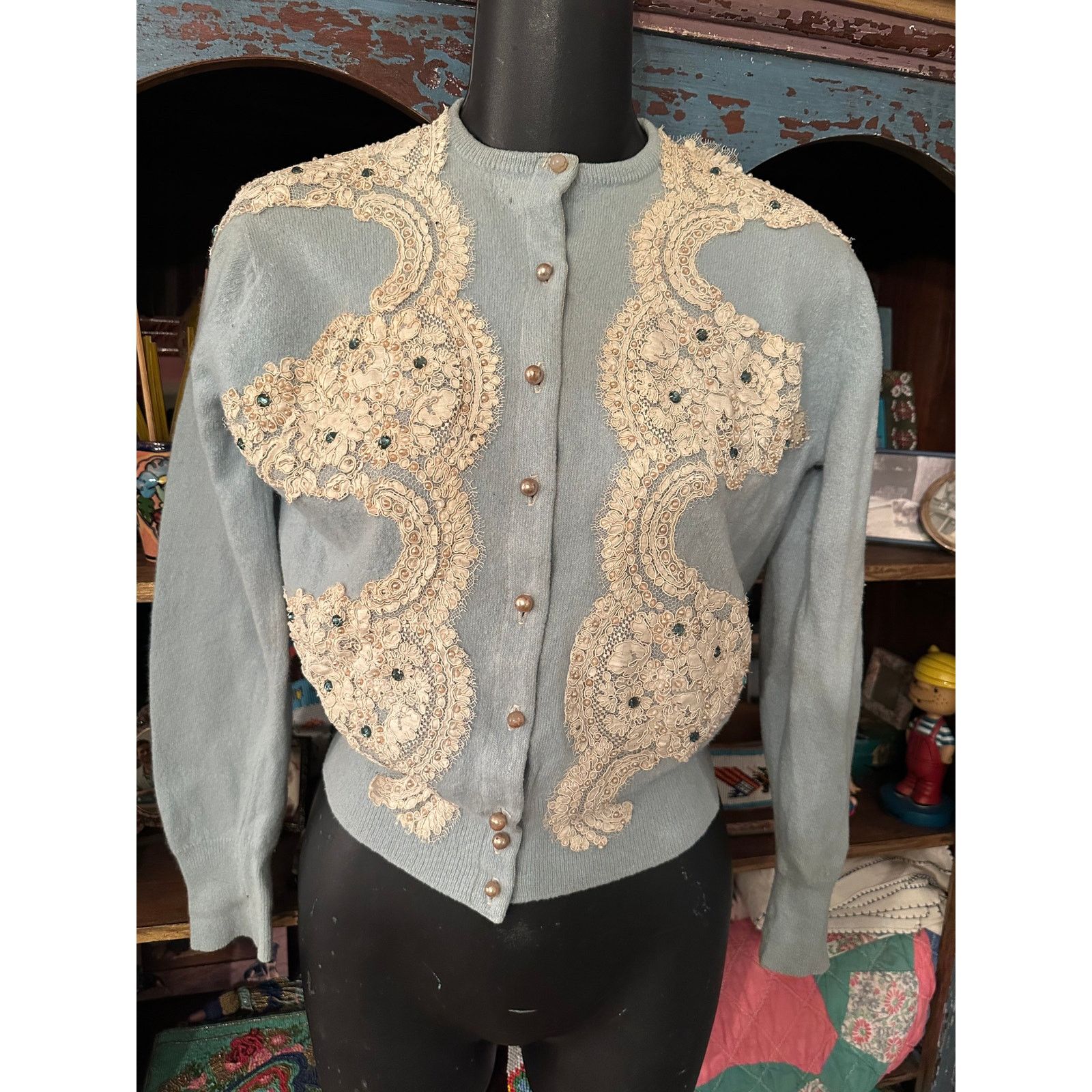 LINED VINTAGE LACE & JEWEL TRIM CARDIGAN SWEATER MUST SEE!!