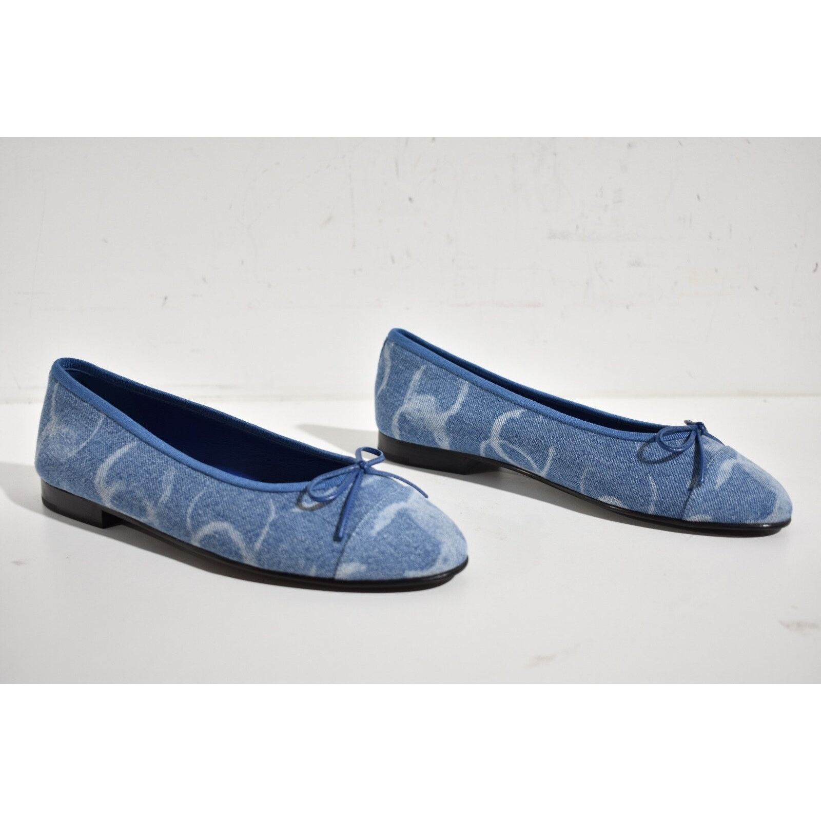 23B Printed Denim CC Logo Bow Tie Ballet Ballerina Flat 39.5