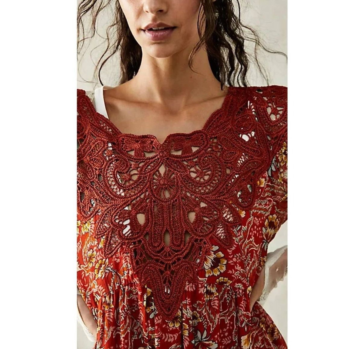margot lace dress free people Free People Margot Printed Dress Floral Babydoll Puff Sleeve Scoop Neck New  XS