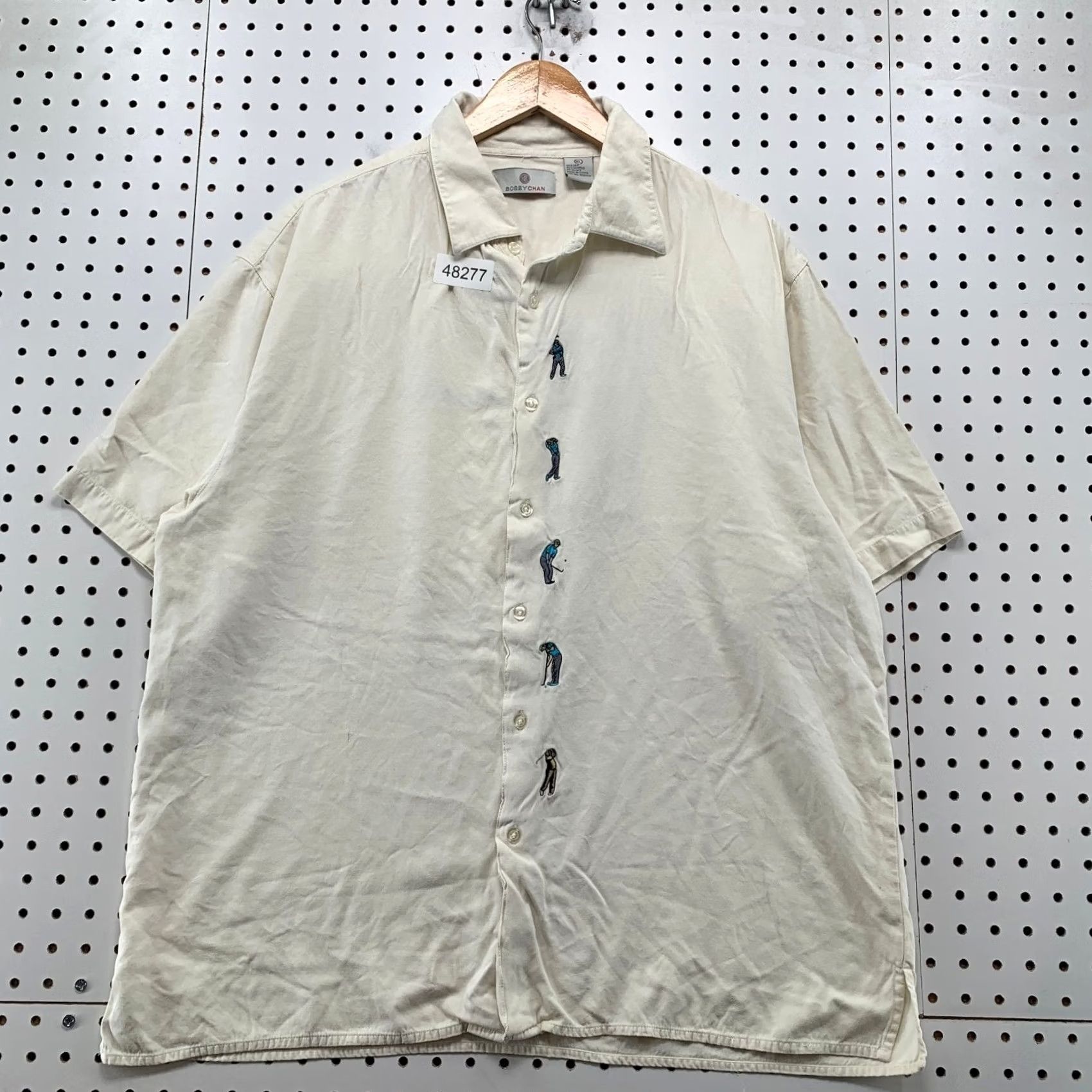 Vintage Bobby Chan Silk Blend Button Shirt Mens XL Cream Embroidered Golf Golfer Bamboo Shirt Size US XL / EU 56 / 4 - 2 Thumbnail
