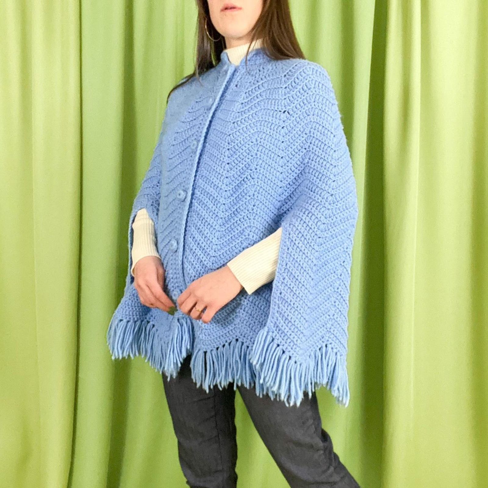 Vintage 70s Vintage Periwinkle Blue Chevron Knit Mock Neck Poncho Size 42" / US 20 - 3 Thumbnail