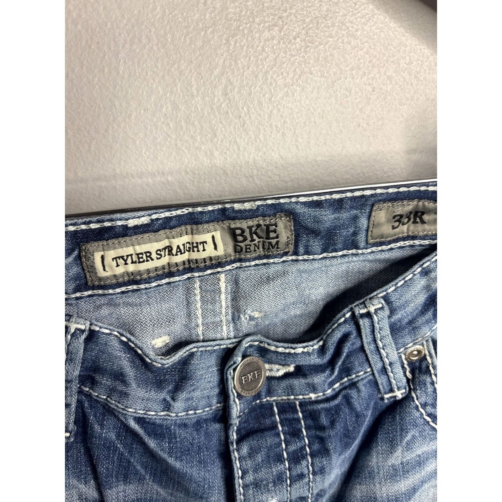BKE BKE Tyler Straight Jeans Mens 33x34 Blue Distressed Denim Button Fly / Regular Inseam 34" 5-Pocket Grunge Vintage: No / Mens Size US 33 - 4 Thumbnail