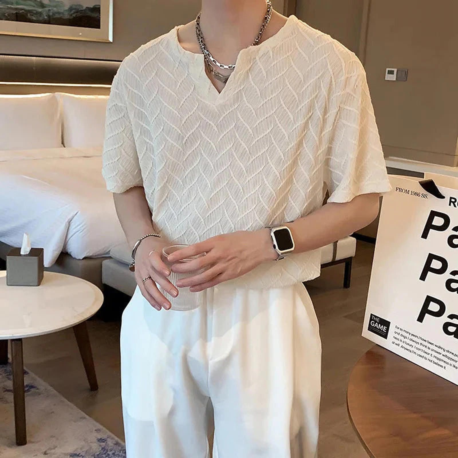 Other Textured Open Neck Woven T-Shirt Size US M / EU 48-50 / 2 - 1 Thumbnail