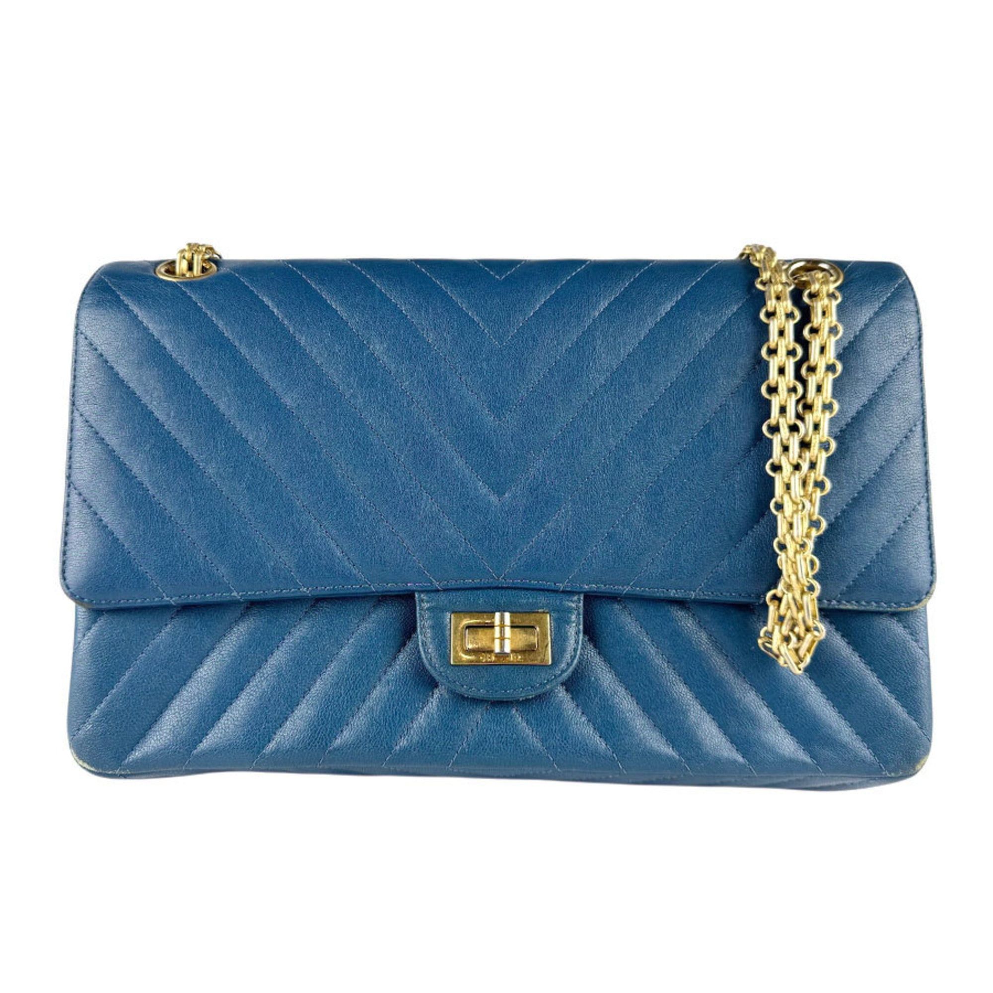 CHANEL Shoulder Bag 2.55 Leather Blue Gold Women's z8191
