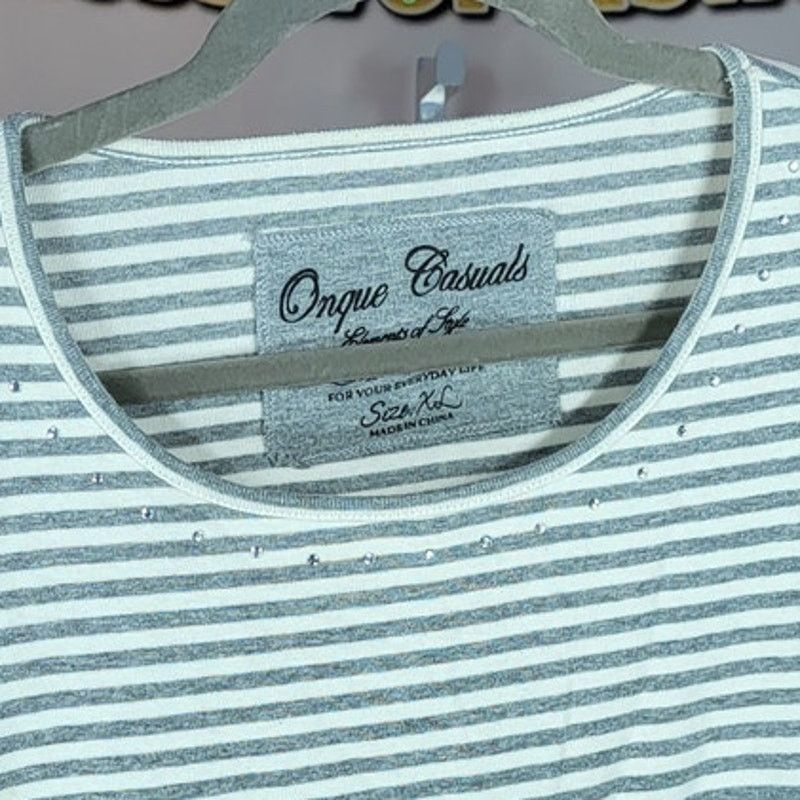 Other Onque Casuals Grey White Stripe Rhinestone Neck Shirt XL Size XL / US 12-14 / IT 48-50 - 3 Thumbnail