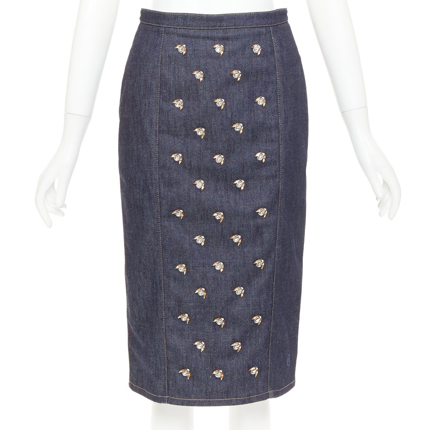 Dior CHRISTIAN DIOR indigo blue denim glass metal bead embellished high waist midi skirt FR36 S Size 27" / US 4 / IT 40 - 1 Thumbnail