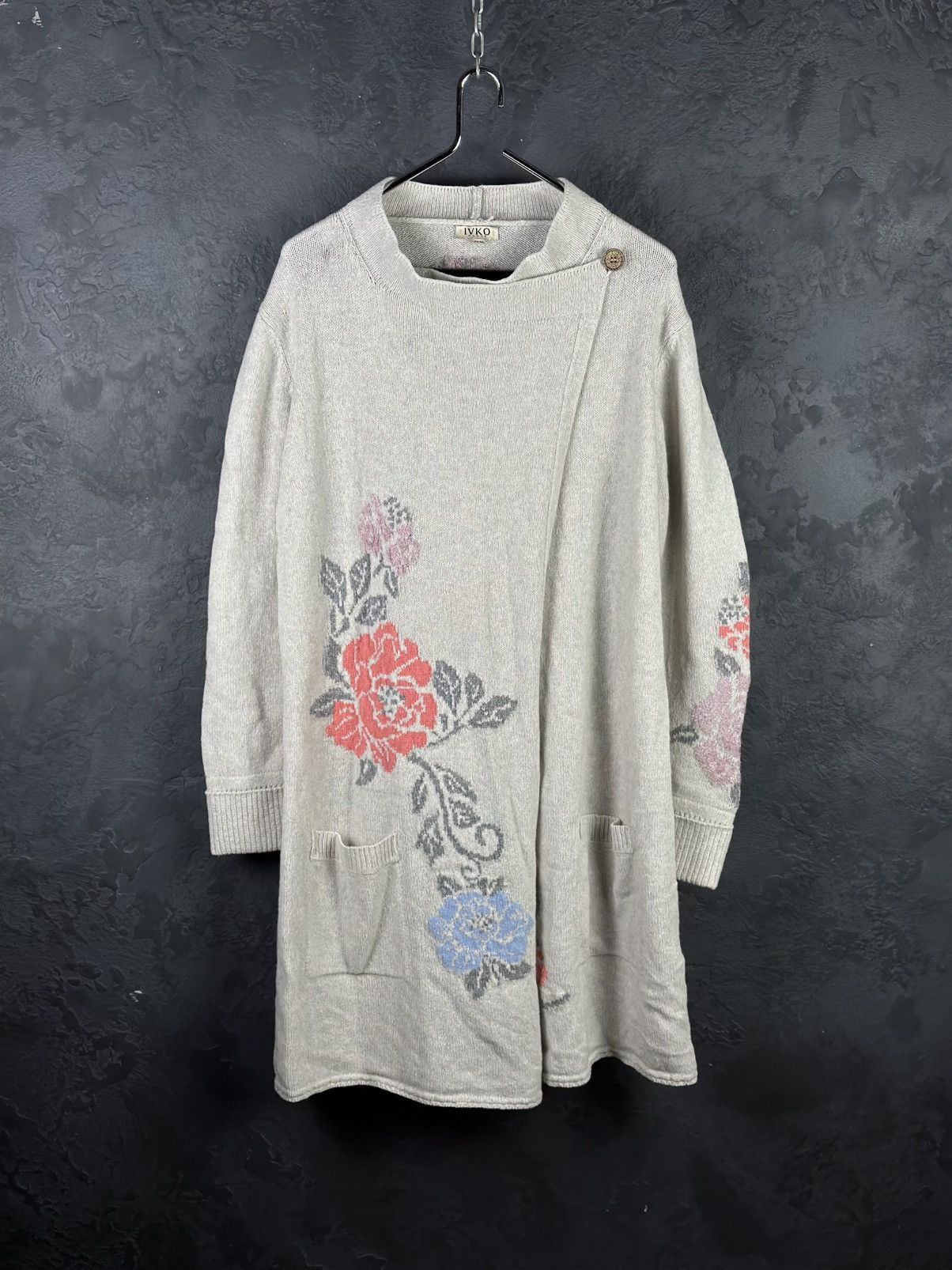 Designer × Vintage IVKO Light Gray Floral Intarsia Wool Semi-Long Sweater Coat Size M / US 6-8 / IT 42-44 - 1 Thumbnail