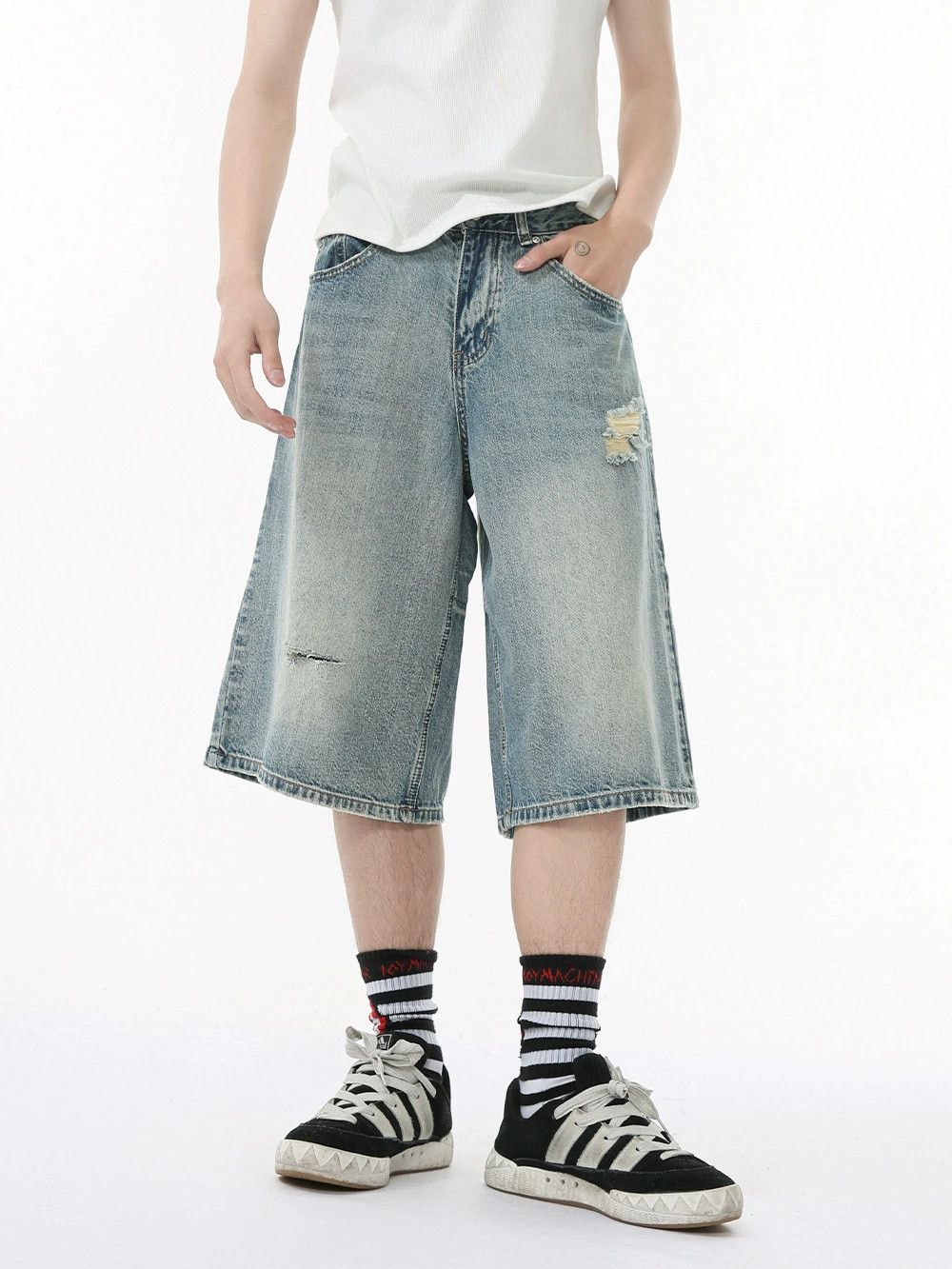 Japanese Brand × Jean Japanese retro distressed straight ripped denim shorts Size US 32 / EU 48 - 2 Thumbnail