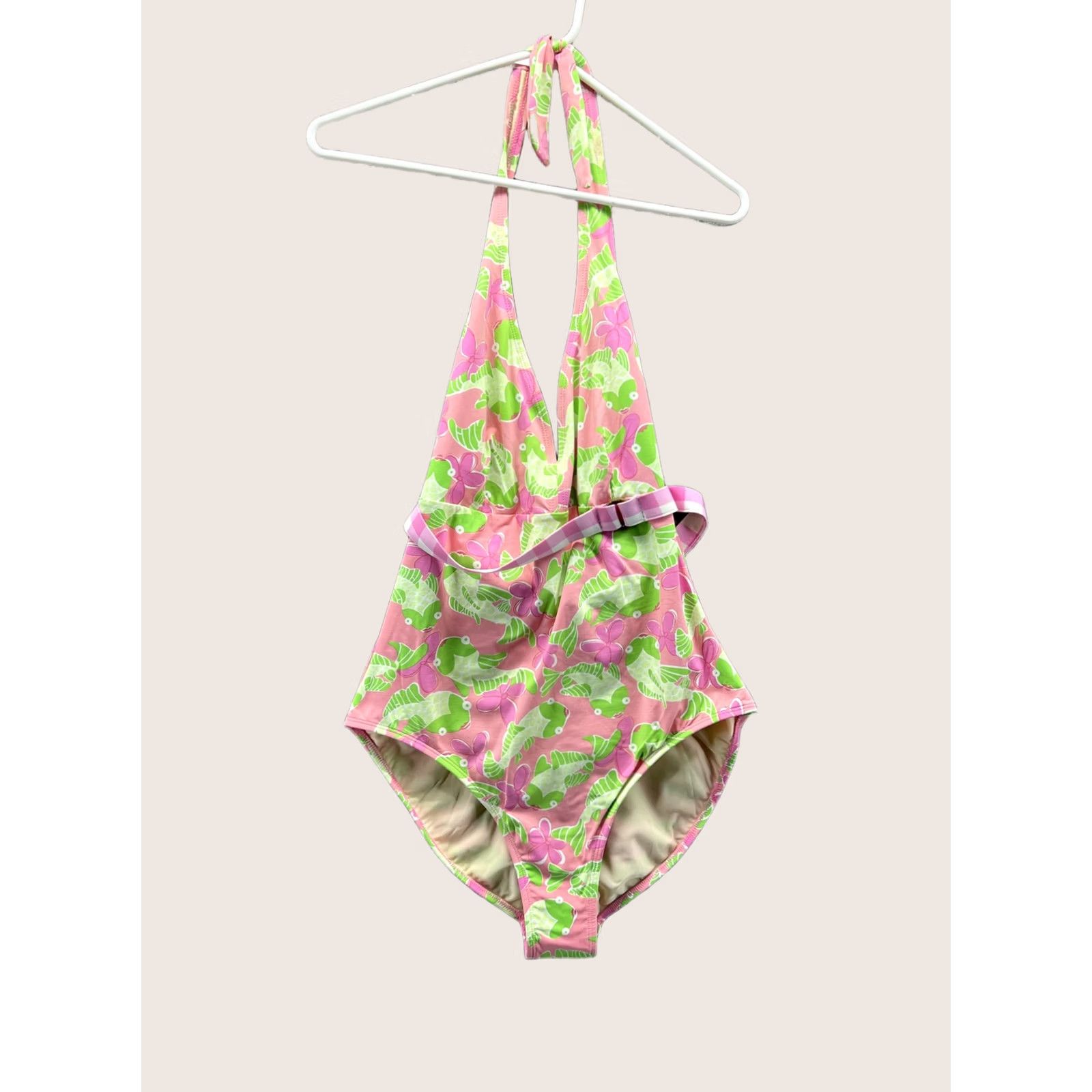 Vintage Loo+ One Piece Swimsuit Womens 12 Pink Tropical Fish Halter Belted Floral Swim Size ONE SIZE - 1 Thumbnail