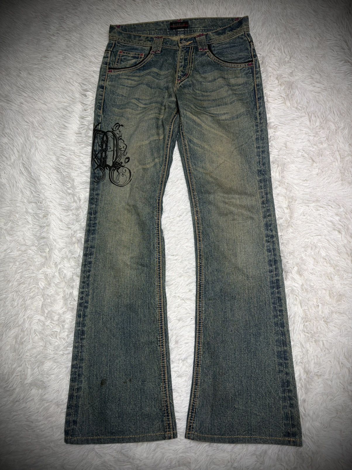 Japanese Brand Rare Morgan De Toi Homme mudwash graphic flared jeans Size US 31 - 1 Thumbnail