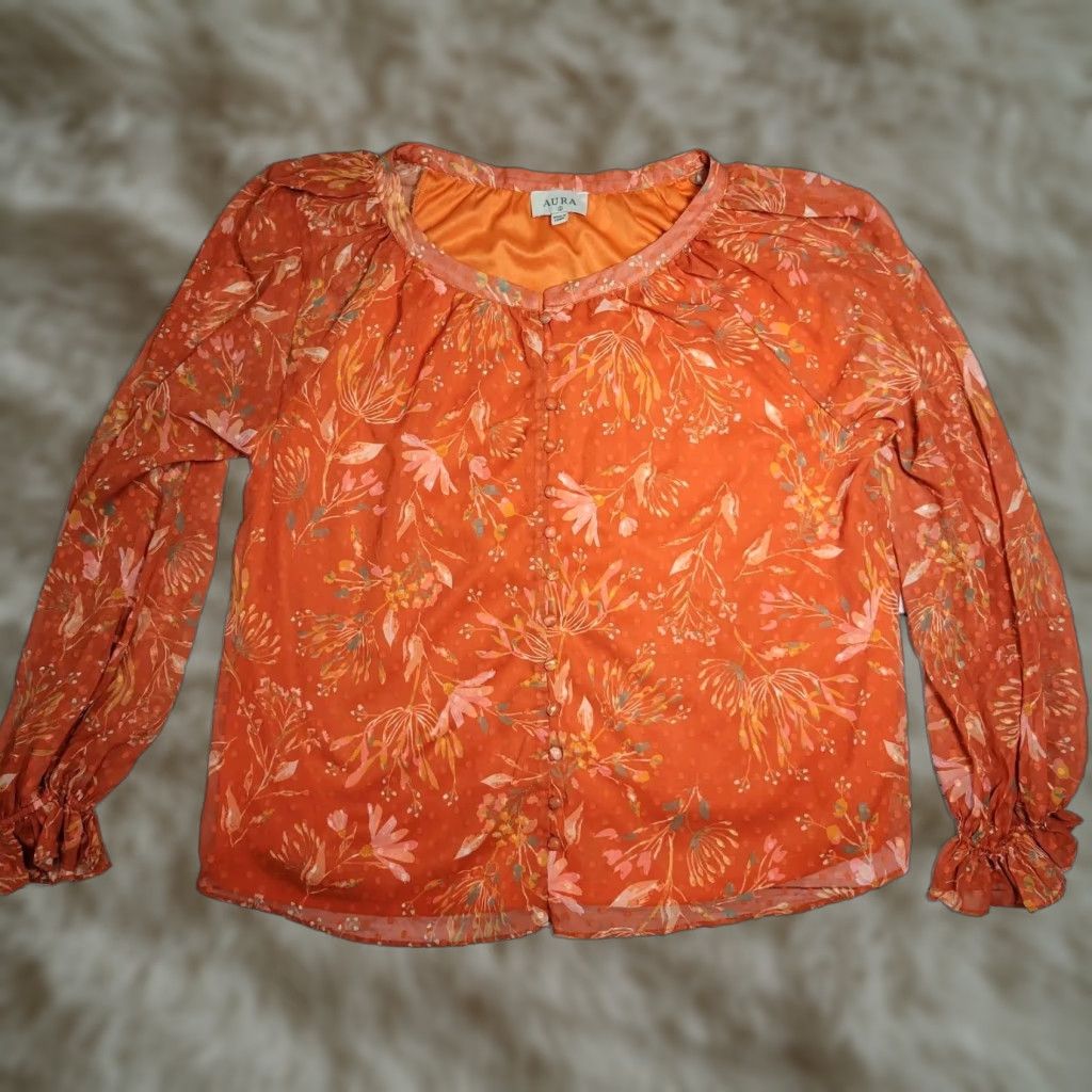 Vintage AURA Women Blouse Shirt L Orange Floral PUFF SLEEVE Balloon Sleeve Boho Satin 1 Top Size L Adults Women Size L / US 10 / IT 46 - 1 Thumbnail