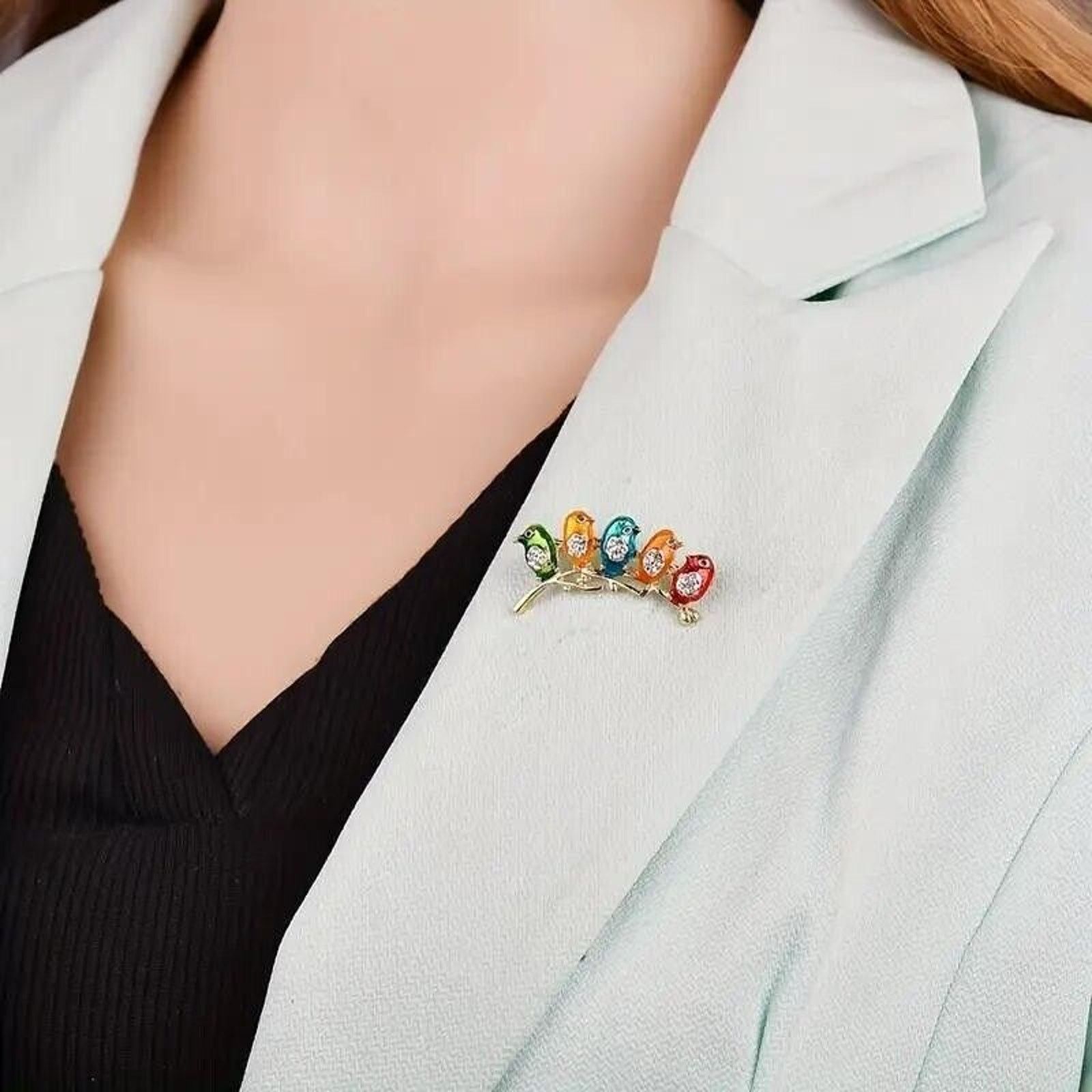 Other Adorable Rhinestone Five Birds Brooch Pin Multicolor Enamel Size ONE SIZE - 2 Thumbnail