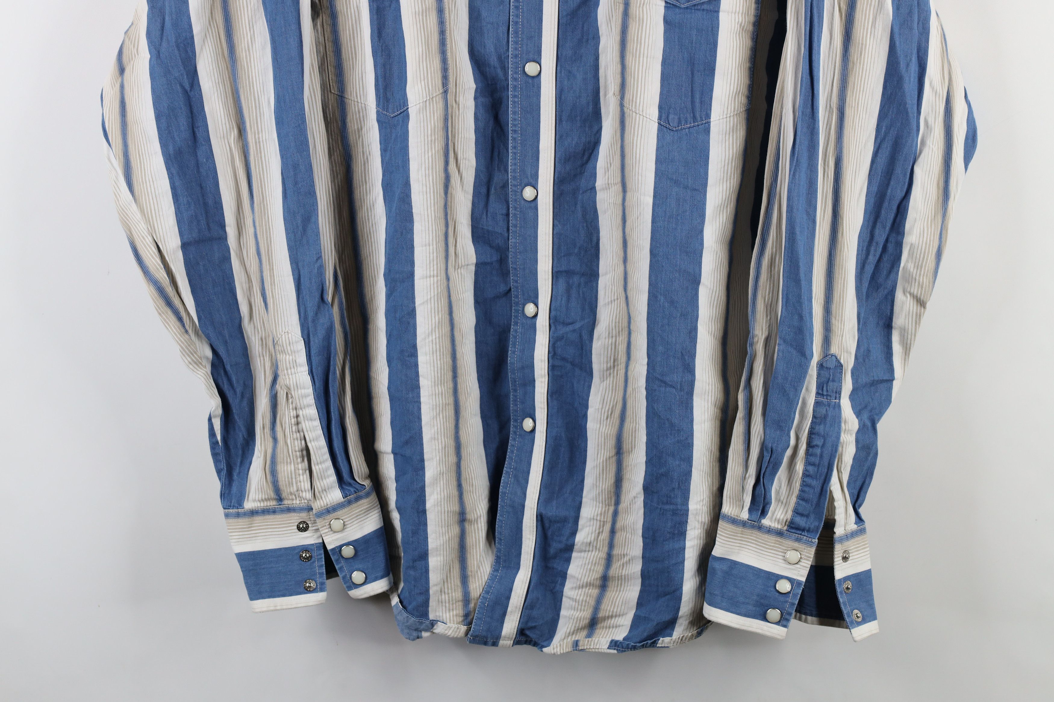 Vintage × Wrangler Vintage 90s Wrangler Striped Western Snap Button Shirt Blue Size US XXL / EU 58 / 5 - 3 Thumbnail