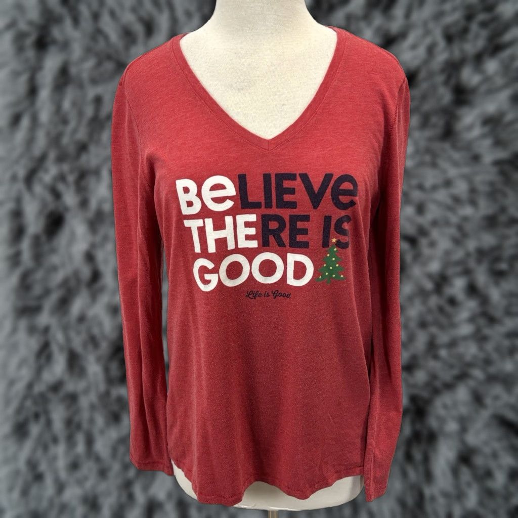 Life is Good LIFE IS GOOD Shirt V-Neck Long Sleeve Red Believe There Is Good Be The Good Holiday Large Womens Size L / US 10 / IT 46 - 1 Thumbnail