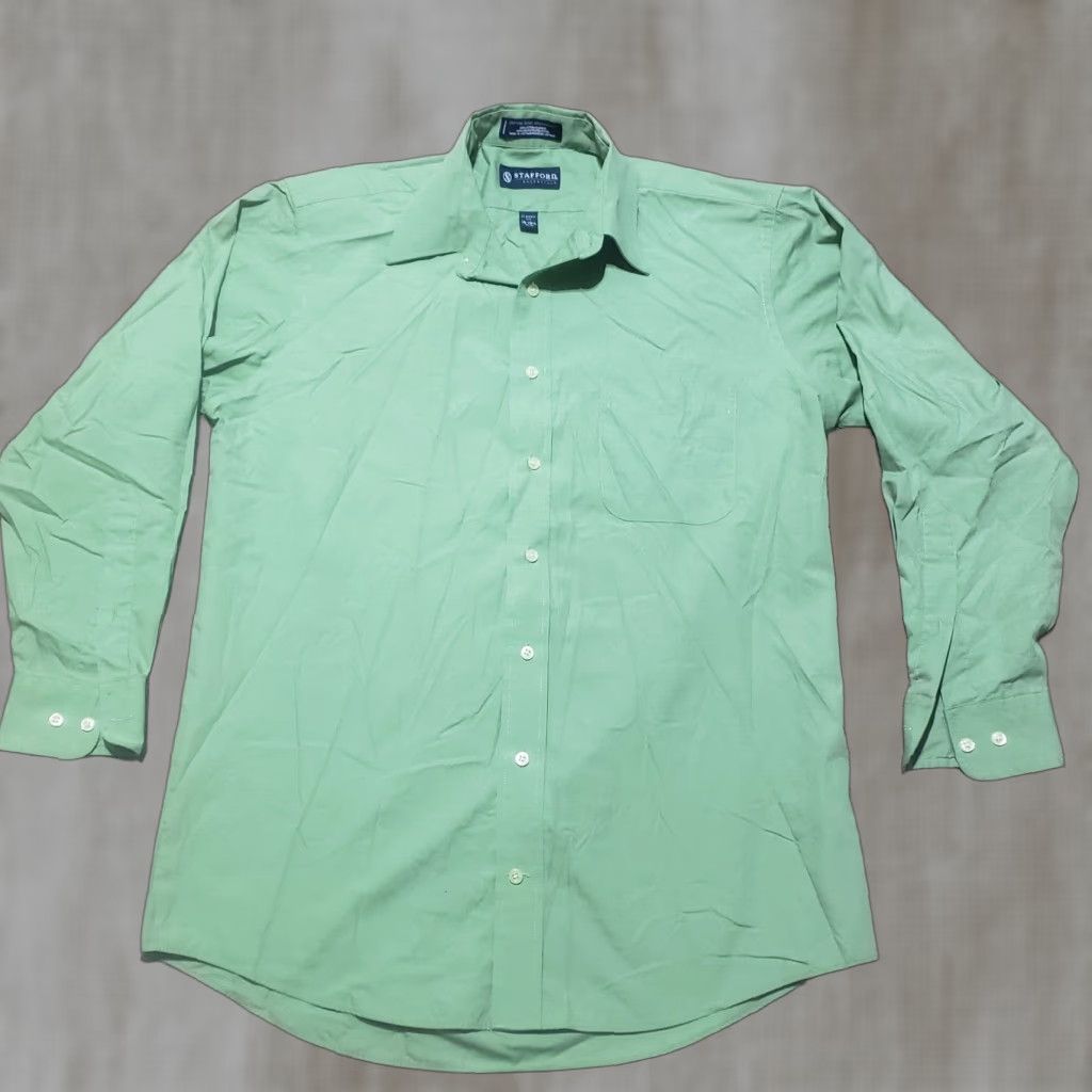 Stafford Stafford Shirt Adult Men 15.5 Green Long Sleeve Button-Up Collared Cotton All Seasons 15.5 Size US L / EU 52-54 / 3 - 1 Thumbnail