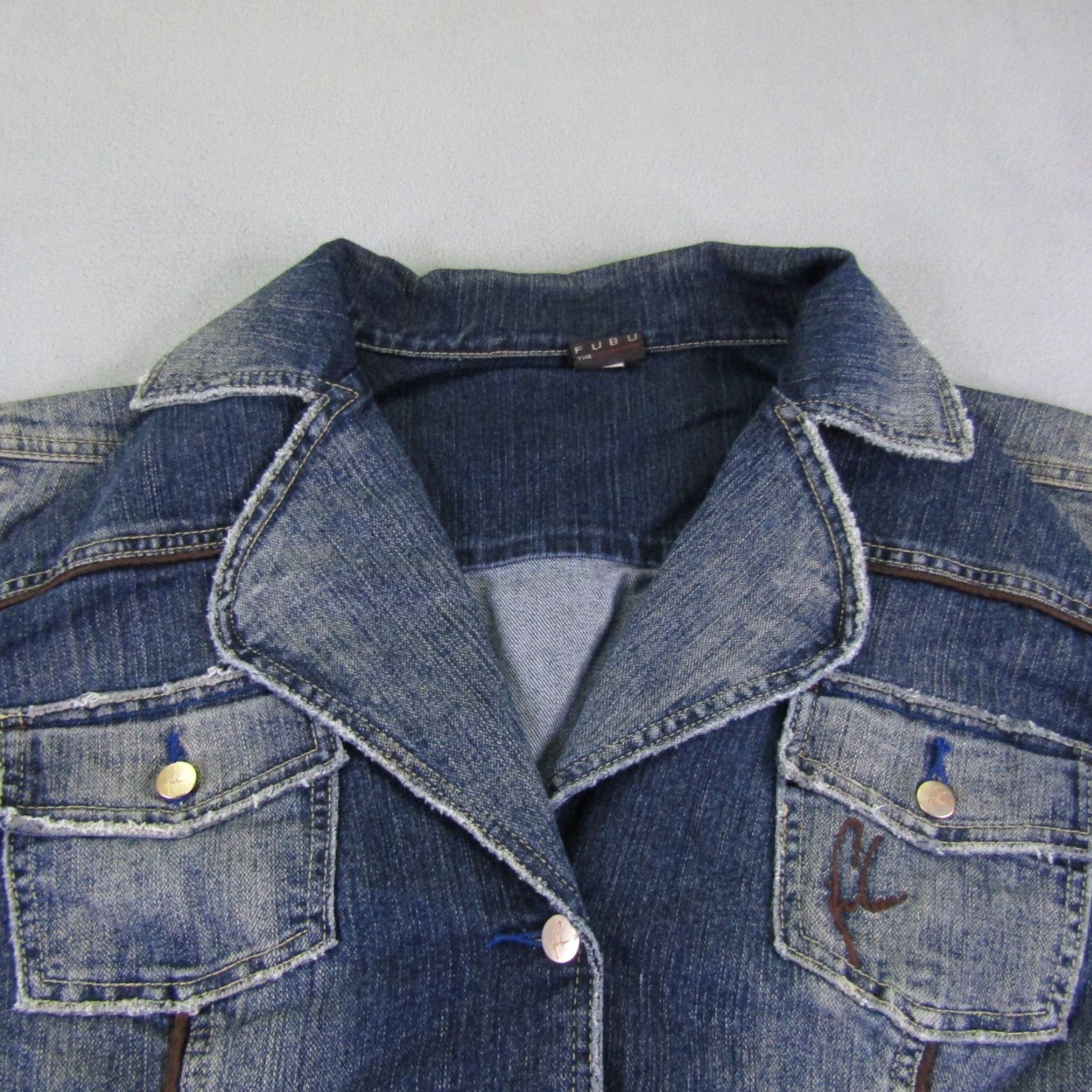 Fubu VINTAGE FUBU Denim Jacket Women 3X Blue Mid-Length Button Up Pockets 90s Mens? Womens Size 40" / US 18 - 2 Thumbnail