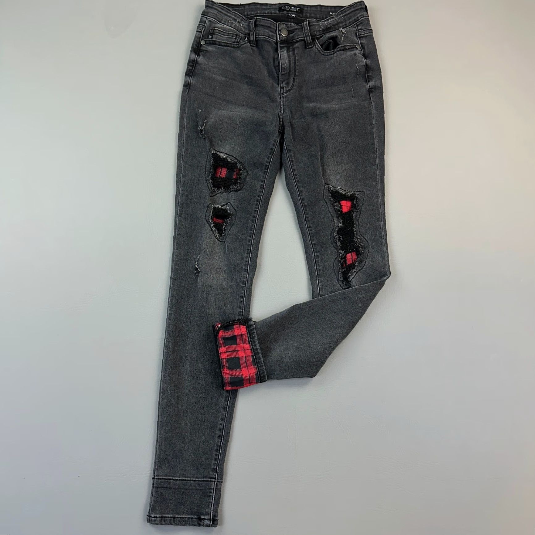 Denime Judy Blue Jeans Women’s 7/28 Black Denim Skinny Fit Distressed Patch Plaid Patch Jeans Size 28" / US 6 / IT 42 - 2 Thumbnail
