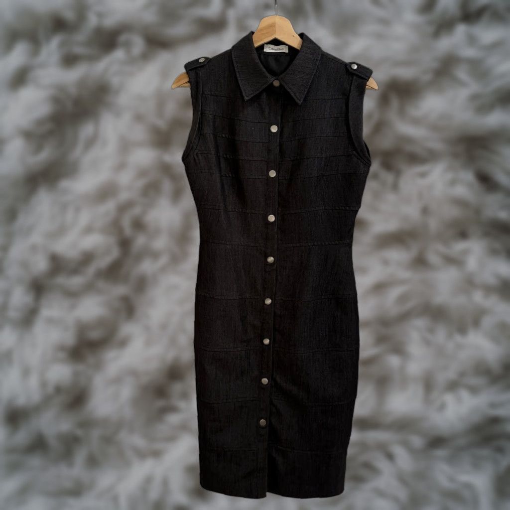 Calvin Klein Calvin Klein Sheath Dress Shirt Dress Black Denim Sleeveless Snap Button Business Women Size 2/32 Knee Length Lined Polyester Blend Stretch Collared Size XXS / US 00 / IT 34 - 1 Thumbnail