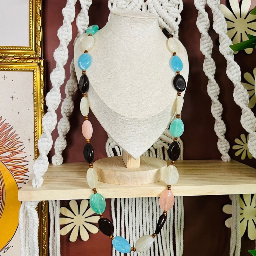 Jewelry Multicolor Acrylic Beaded Necklace Blue Pink Brown Long Size ONE SIZE - 5 Thumbnail