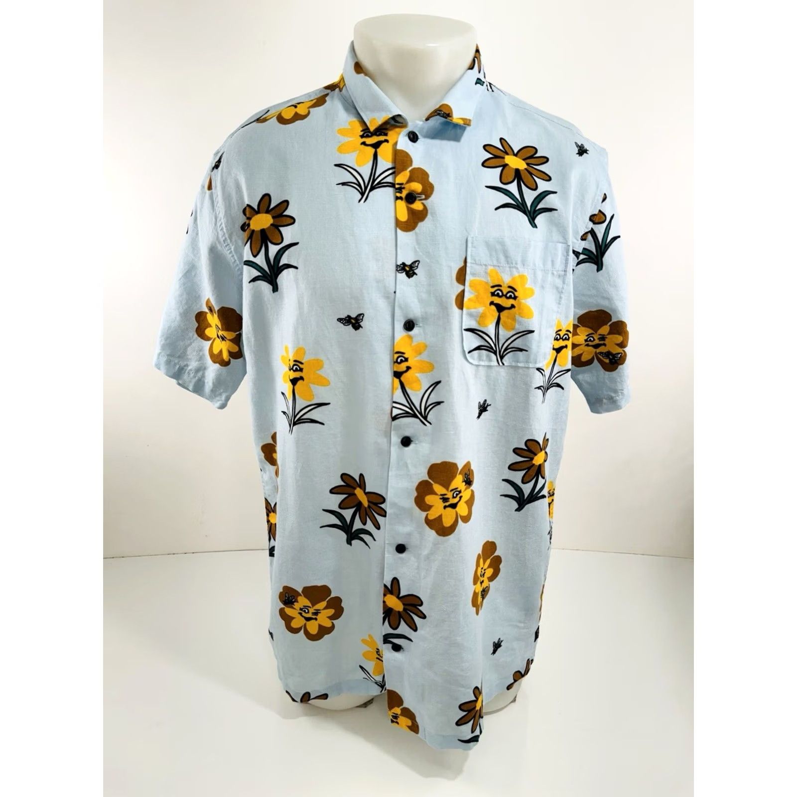 Roark ROARK LINEN Sunflower Bumble Bee Floral Print Mens L Shirt Button-Up Short Sleeve Blue N Size US L / EU 52-54 / 3 - 2 Thumbnail