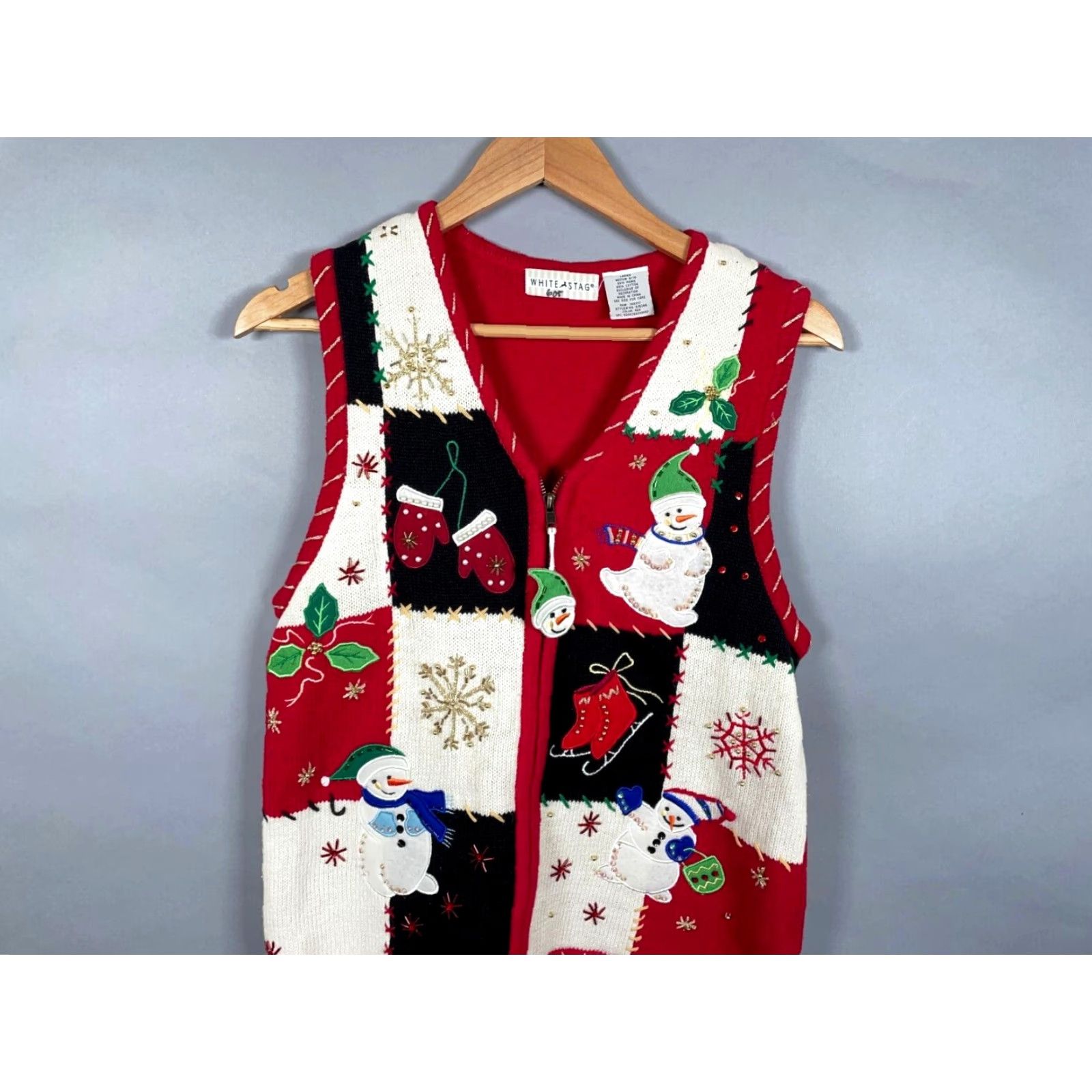 Vintage VINTAGE White Stag Sweater Vest Shirt Womens Medium Red Embroidered Christmas Motif Zip Front 90s Holiday Retro Size M / US 6-8 / IT 42-44 - 4 Thumbnail