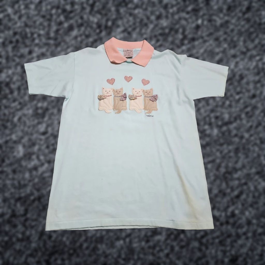 Vintage VINTAGE Valories Kitten Hearts T-Shirt Cottage Core 1990s Blue Adult Large Cotton Blend Mens Size L / US 10 / IT 46 - 1 Thumbnail