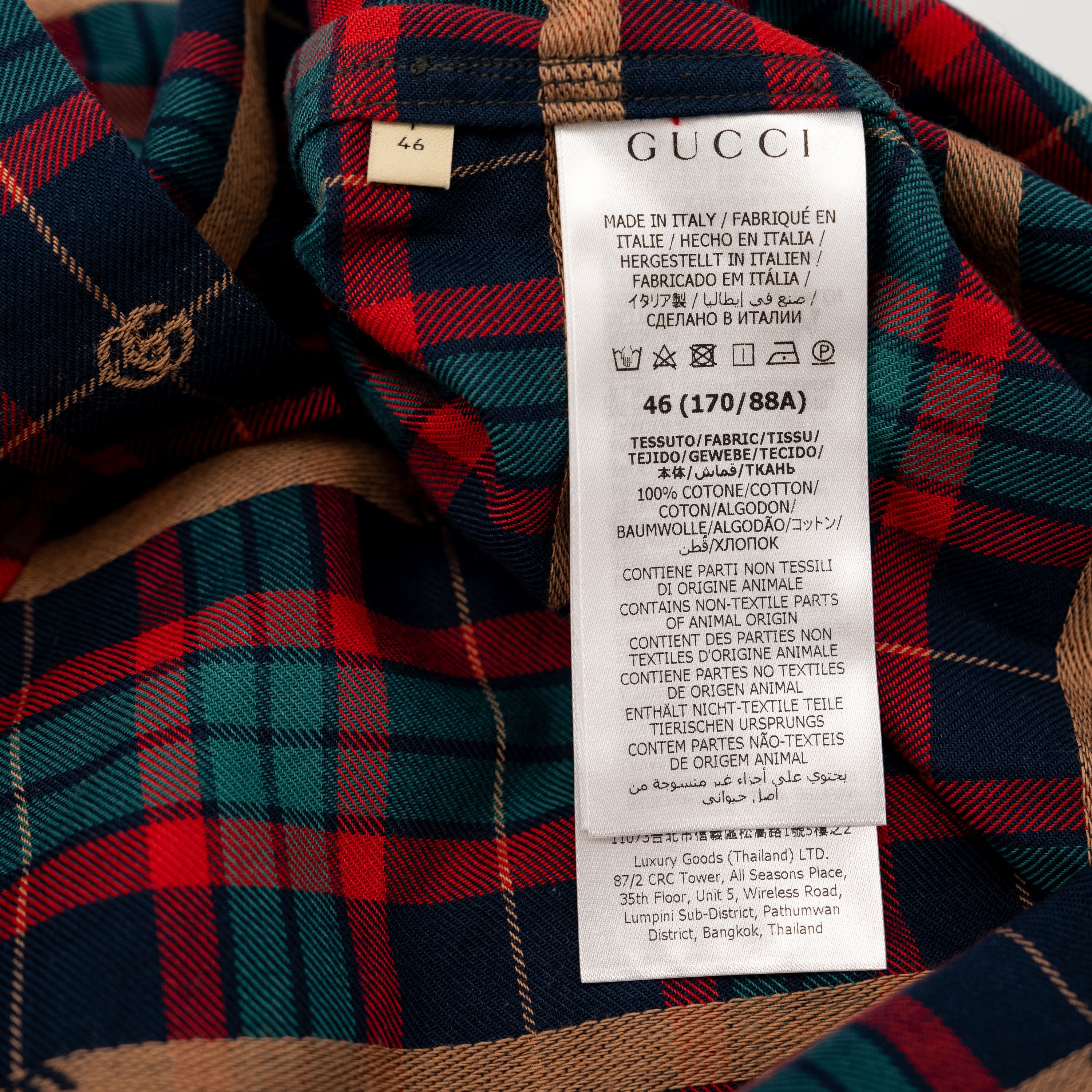 46 S Gucci Tartan GG Plaid Long Sleeve Shirt Green Blue
